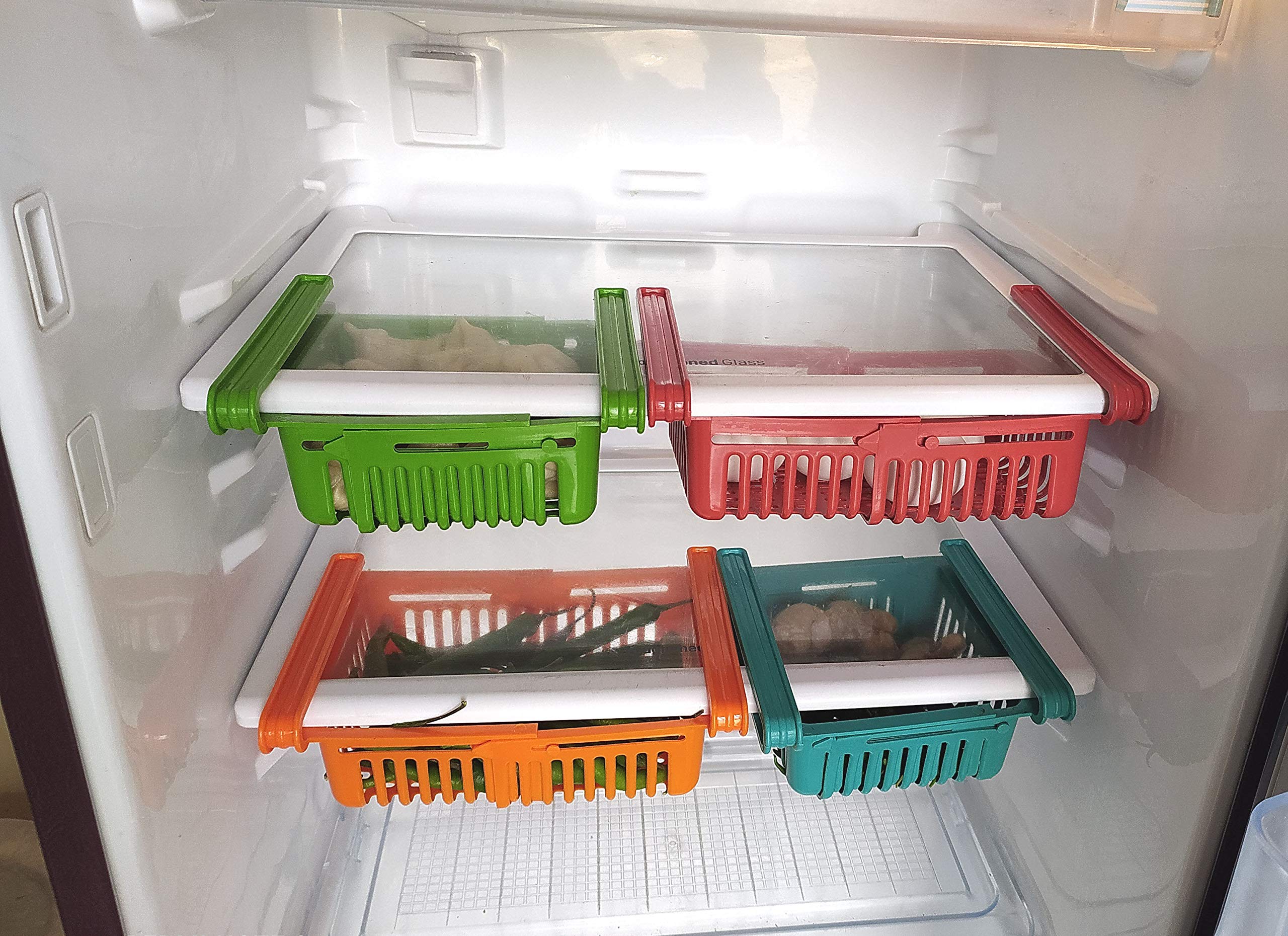 Kitchwish Adjustable Refrigerator Storage Basket - 4 Pack Plastic Kitchen Organizer for Fruits & Vegetables - Fridge Door Shelf & Cabinet Organizer - Perfect for Kitchen, Pantry & Refrigerator Organization