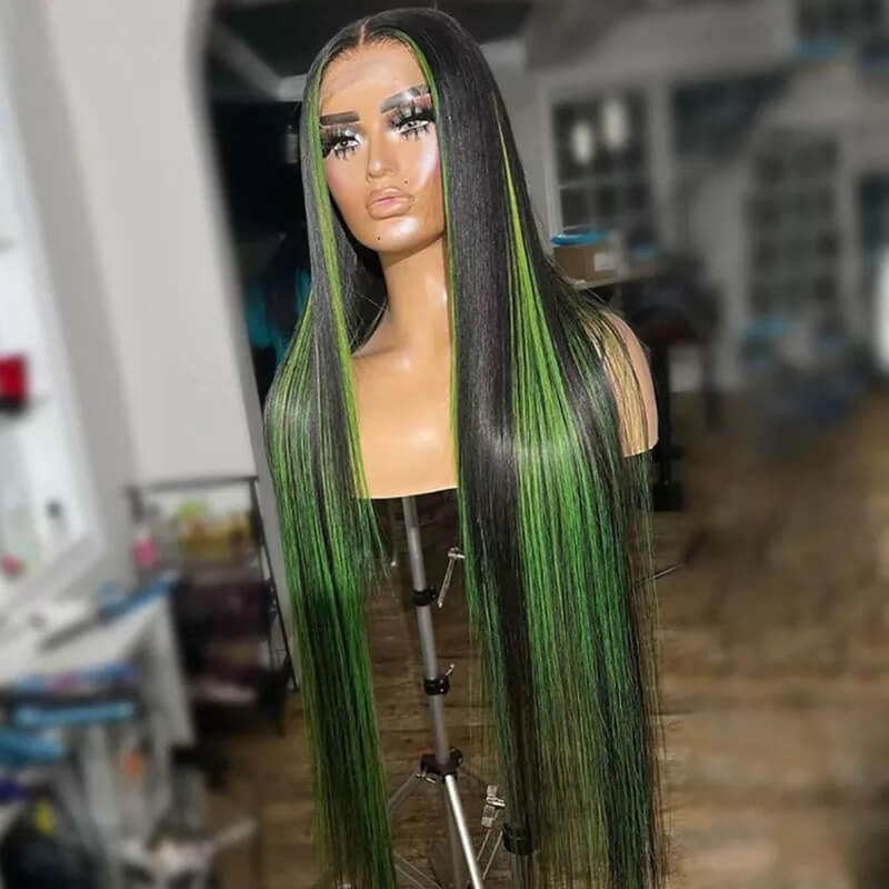 Eullair Red Blue Green Balayage Highlight Straight Lace Frontal Wig for Women - Peekaboo Highlights Human Hair Wig for Daily Wear & Cosplay