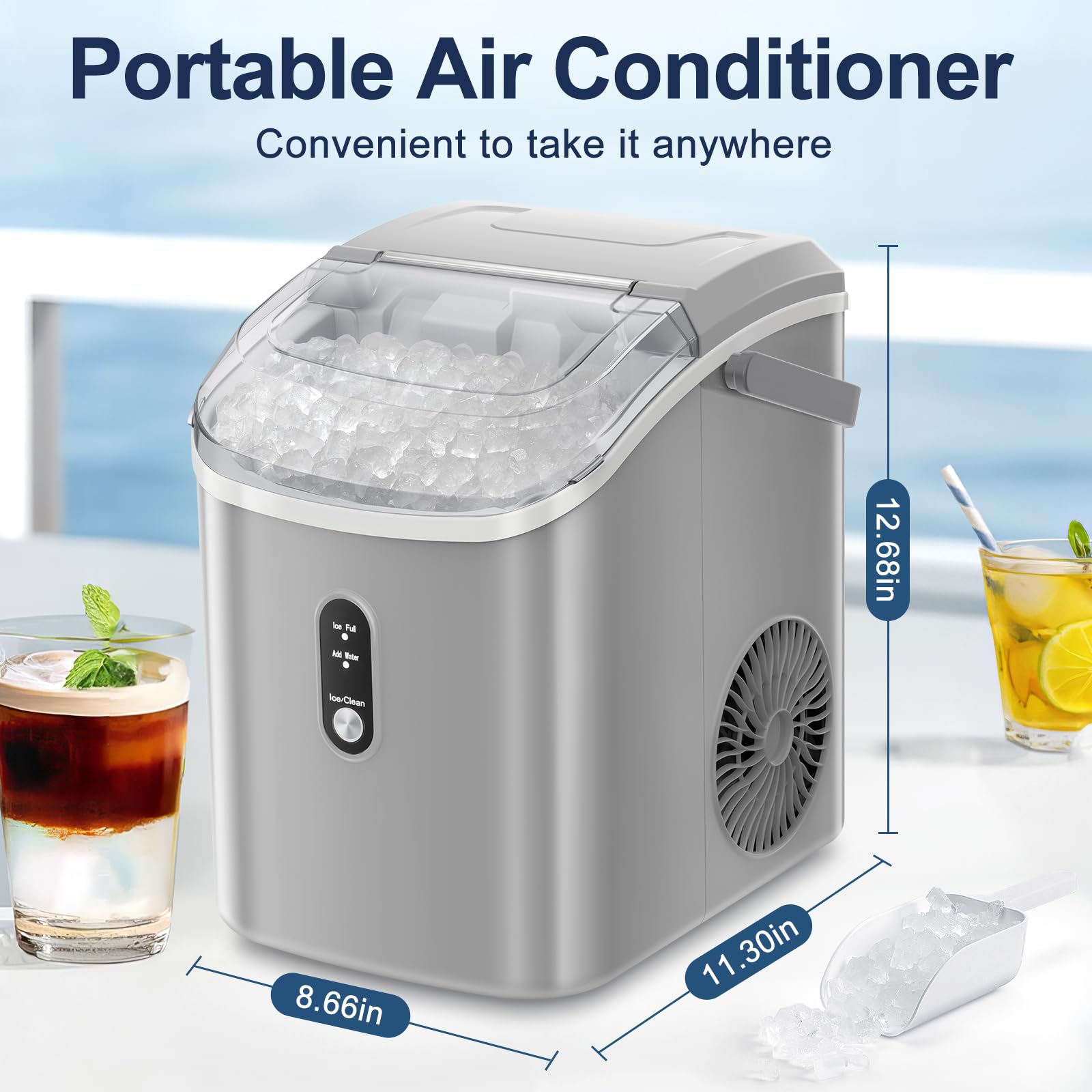ZAFRO 35.5Lbs/24H Portable Ice Maker with Handle - Fast 7-Minute Ice Making, One-Click Operation, Includes Ice Basket & Scoop (Grey) - Perfect for Home, Office, RV, and Outdoor Parties