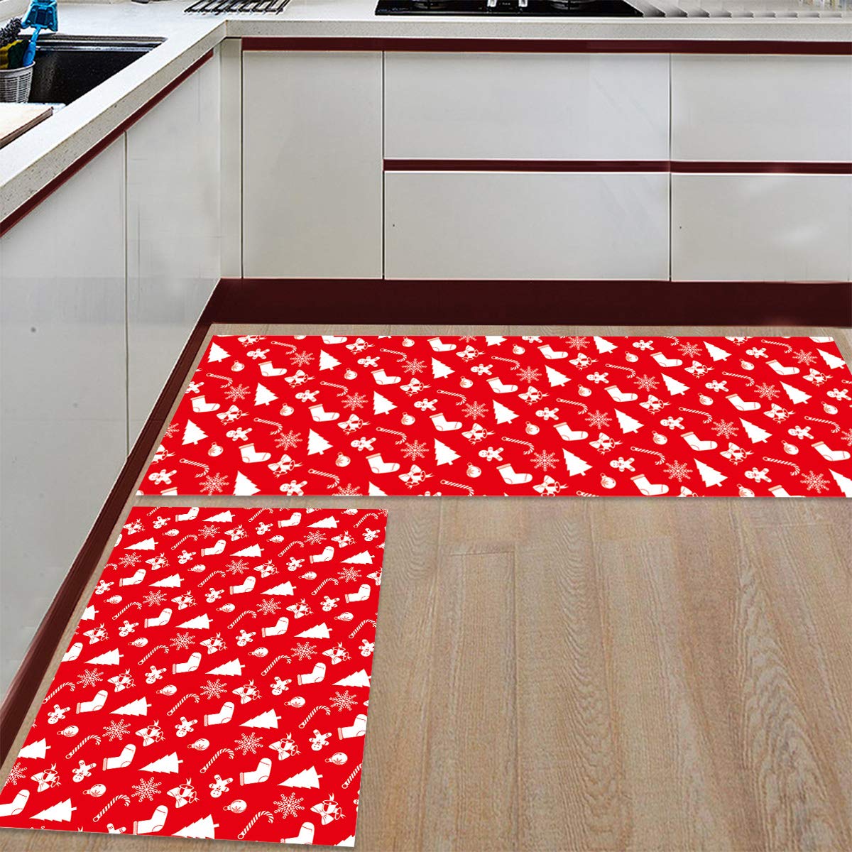 Christmas Gingerbread Man Non-Slip Kitchen Runner Rug - Red Holiday Themed Floor Mat for Laundry, Bedside, Bathroom & Bedroom - Set of 2 - Perfect for Festive Home Decor & Winter Safety