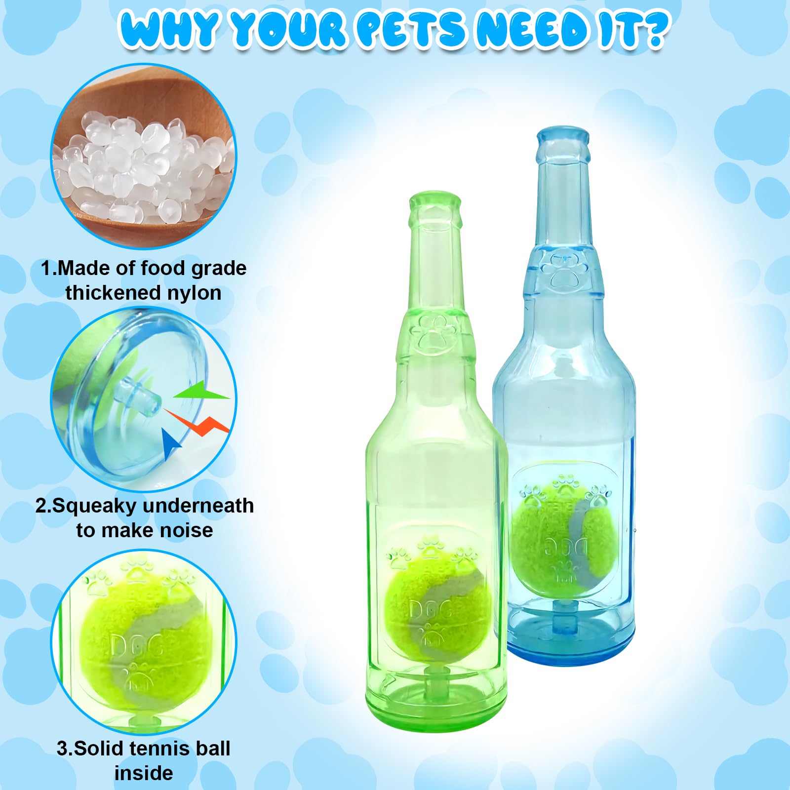 Aerbee 2Pcs Squeaky Rubber Water Bottle Dog Toys with Tennis Ball - Interactive Chew Toys for Dental Health, Outdoor Play, and Training (Blue & Green) for Active Dogs