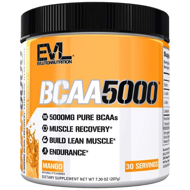 EVLution Nutrition BCAA 5000 Powder - 207g Mango Flavor | Branched Chain Amino Acids Supplement for Muscle Recovery & Workout Performance | Pre & Post Workout, Gym, Fitness Training