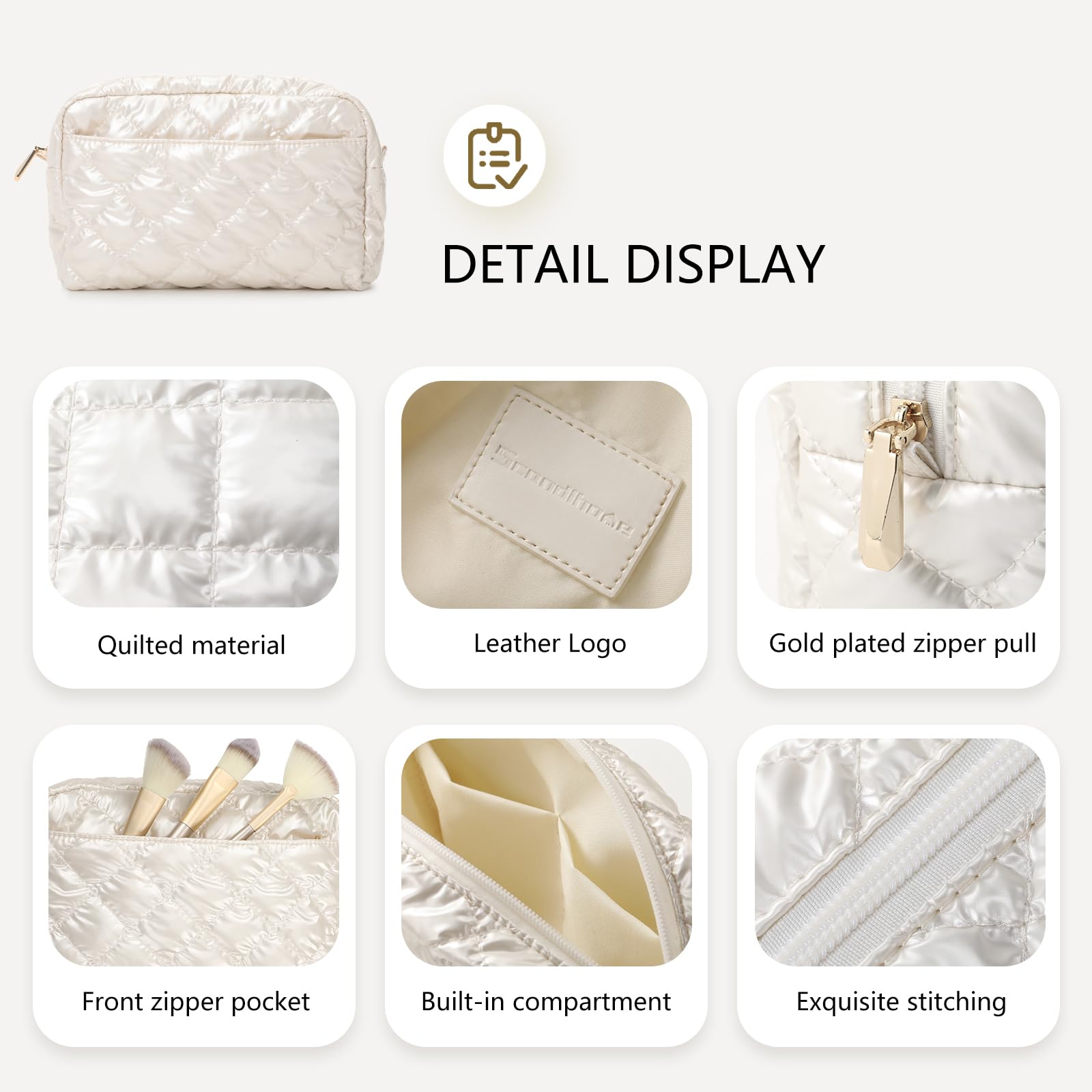 Quilted Waterproof Travel Makeup Bag for Women - Large Capacity Cosmetic & Toiletry Organizer - Portable Makeup Pouch for Daily Use, Vacation, Gym & Air Travel - Perfect Gift Idea (Off White)