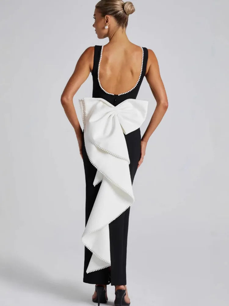Elegant Pearl Bow Backless Sexy Maxi Dress for Women - Sleeveless High Waist A-Line Long Gown for Club, Party, Wedding & Evening Events