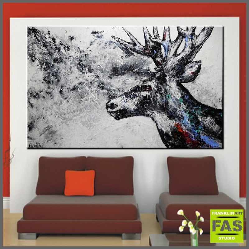 Abstract Realism Stag Grey Wall Art - Modern Home Decor for Living Room, Bedroom & Office - Inspirational Animal Painting