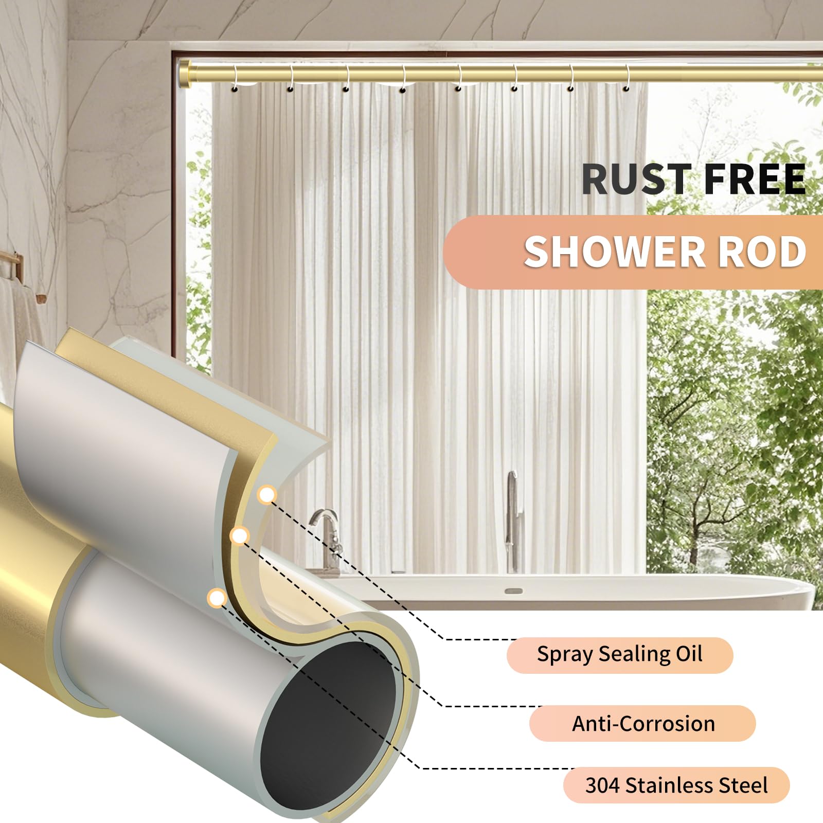 **34-82 Inches Adjustable Gold Shower Curtain Rod - Rustproof Spring Tension No Drill Bathroom Window Rod for Shower, Bathtub & Decorative Garland Hanging**    *(Perfect for bathrooms, showers, bathtubs, or as a decorative rod for garlands and window curtains.)*