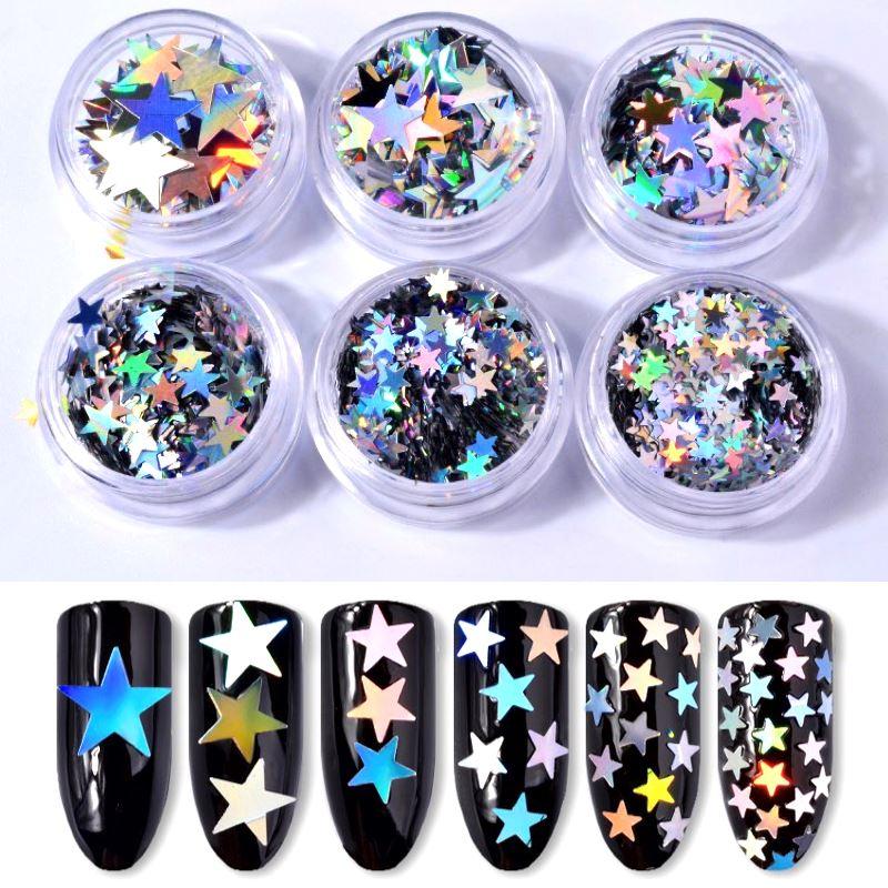 6 Pack Silver Holographic Stars Glitter for Nail Art, DIY Crafts, Scrapbooking & Party Decorations - Shimmery Cosmetic Glitter Jars for Makeup, Slime & Resin Projects
