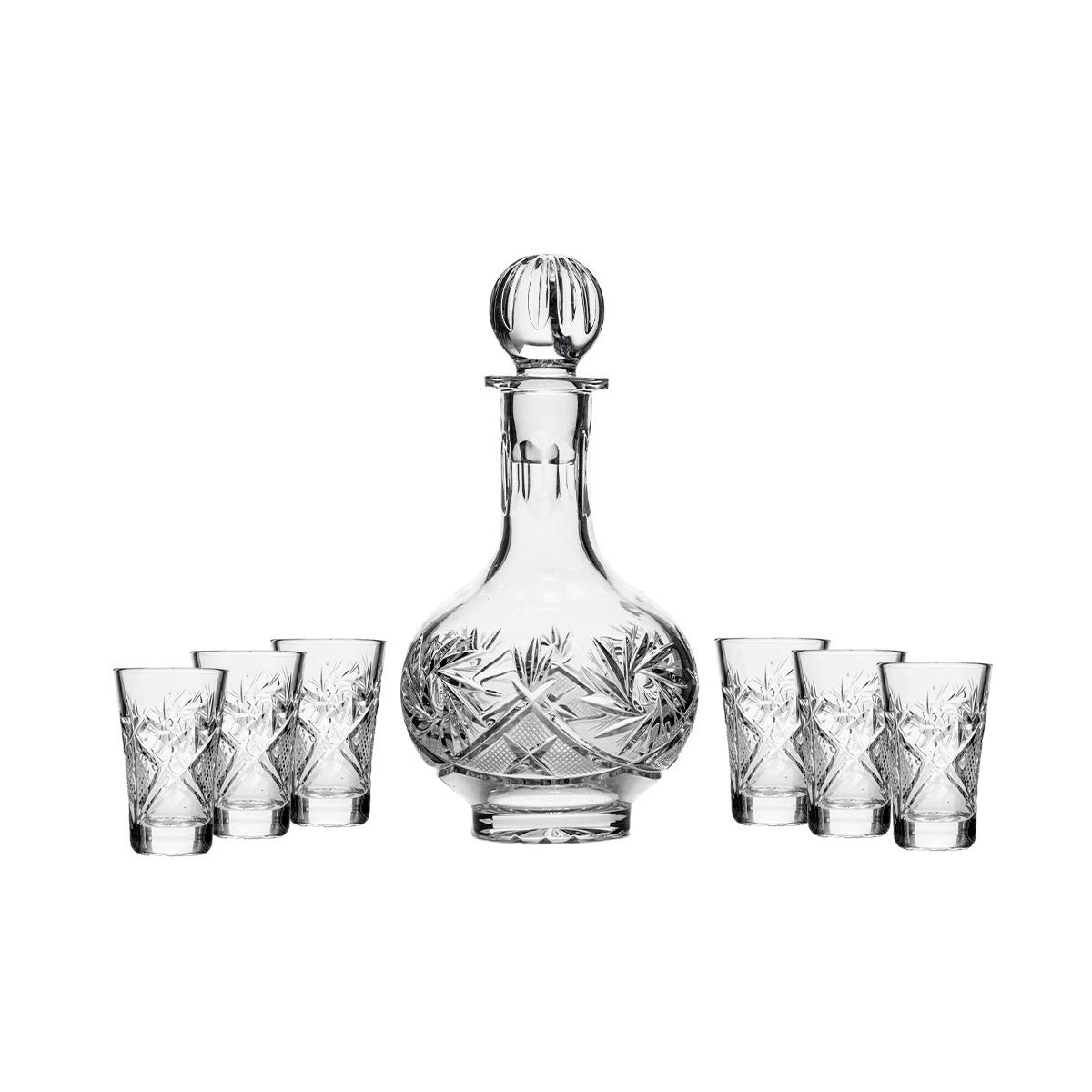 Premium Russian Cut Crystal Vodka Set - 12 Oz Carafe Decanter & 6 Crystal Shot Glasses (35ml/1.2oz) | Elegant Barware for Home Entertaining, Parties & Gift Giving