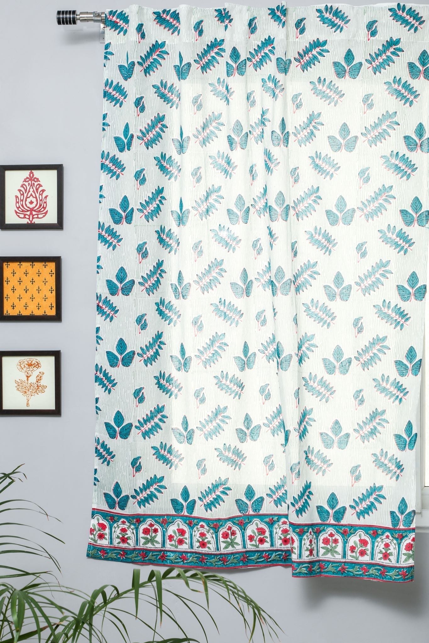 Glow of Leaves Handblock Printed Cotton Window Curtains - Breathable & Stylish Home Decor for Living Room, Bedroom - Perfect for Boho, Farmhouse & Modern Interior Design