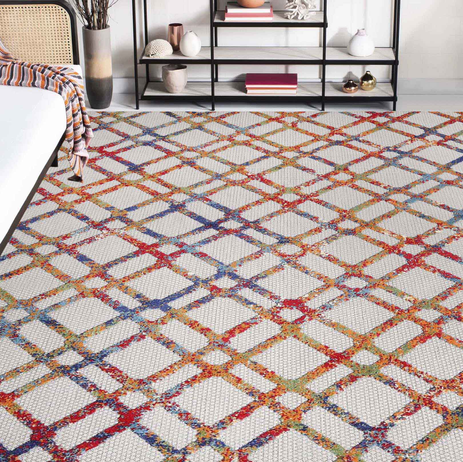 Paxson Geometric Diamond Lattice Indoor Outdoor Area Rug - Non-Slip Modern Floor Mat for Living Room, Bedroom, Patio & Deck Decor