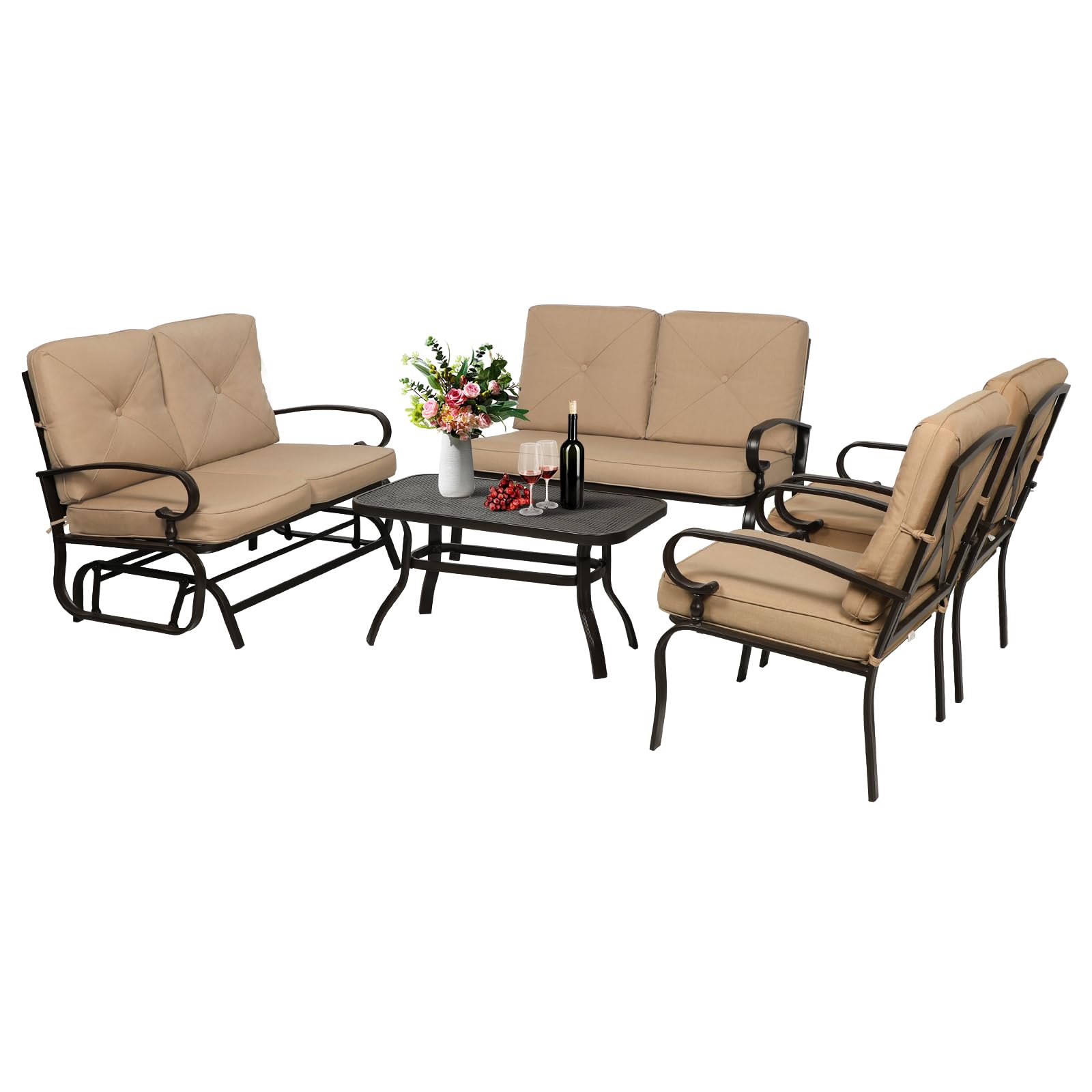 **Oakcloud 5-Piece Outdoor Metal Patio Furniture Set - Wrought Iron Glider, 2 Chairs, Loveseat & Coffee Table in Brown - Perfect for Garden, Backyard, and Poolside Relaxation**