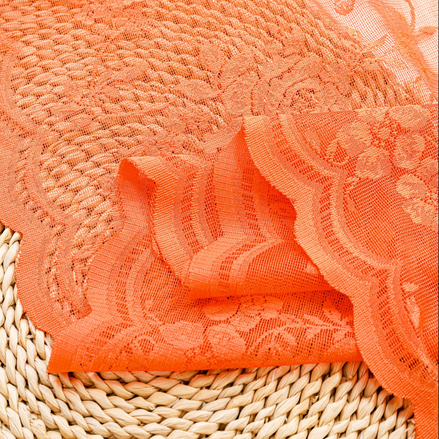 Burnt Orange Sheer Lace Curtains 52x45 Inch - 2 Panels, Rod Pocket Kitchen Window Curtains, Rustic Floral Design for Privacy & Style - Perfect for Country Homes, Bedrooms & Cozy Living Spaces