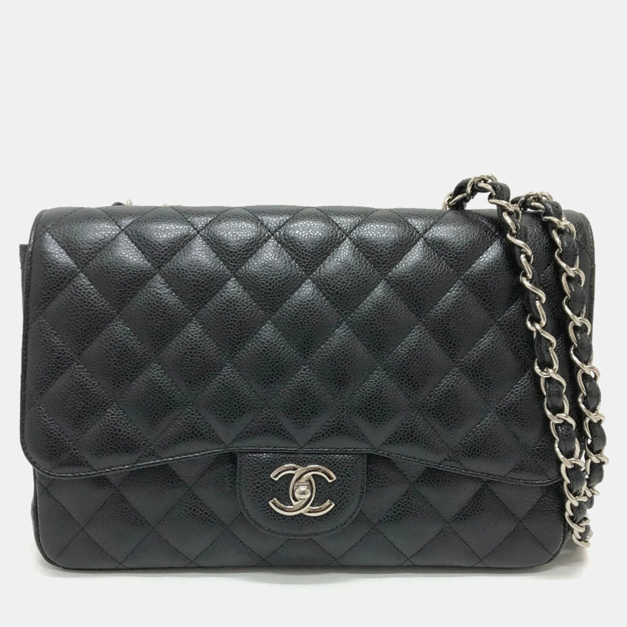Luxury Black Caviar Leather Jumbo Classic Single Flap Shoulder Bag for Women - Elegant Designer Handbag for Work, Party & Evening Out