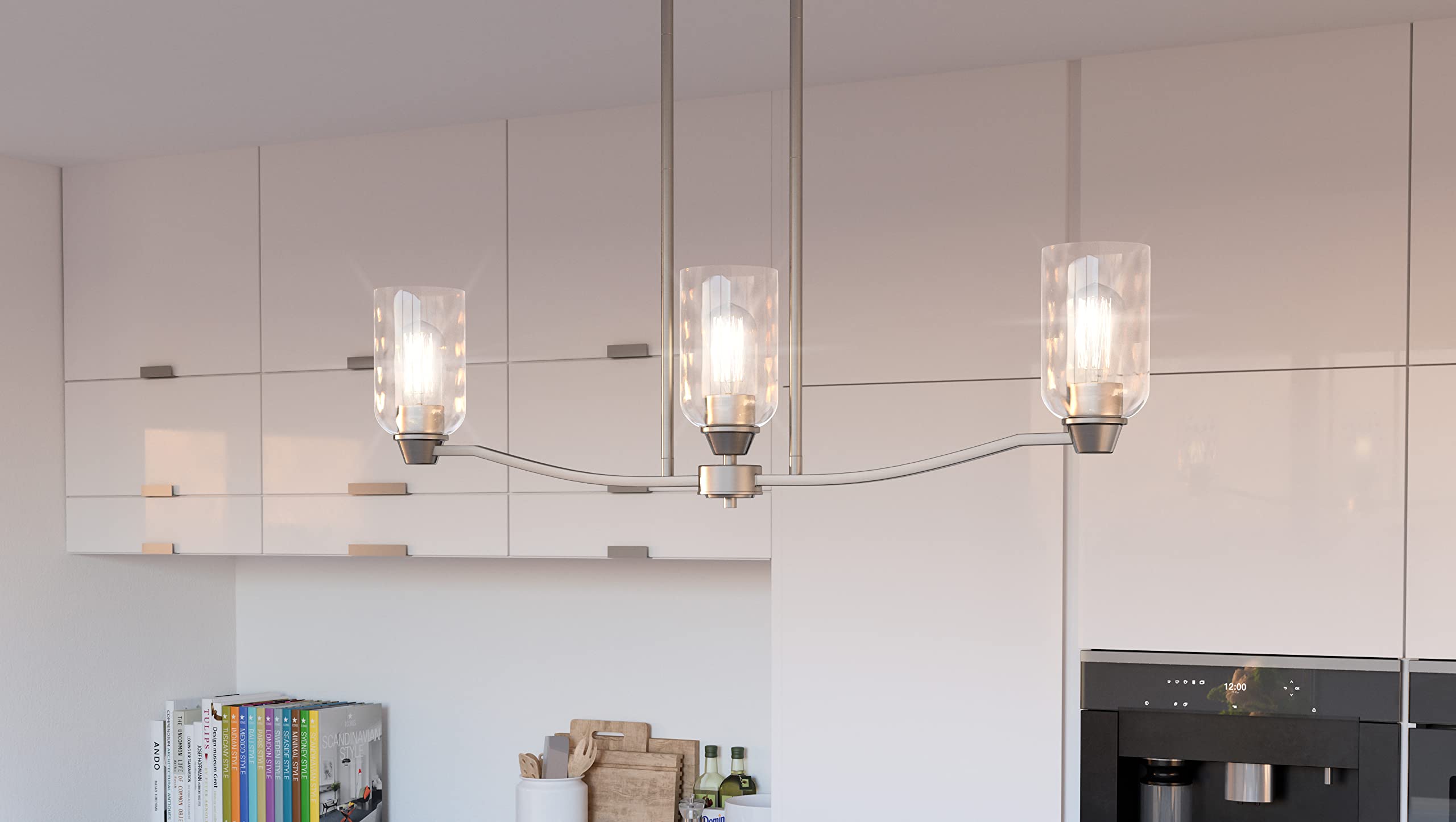 Quoizel Acacia 3-Light Brushed Nickel Linear Chandelier - Modern Dining Room Lighting Fixture for Kitchen Island, Bedroom or Entryway