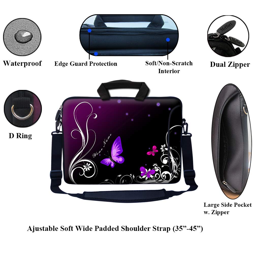 Custom Personalized Laptop Bag with Side Pocket & Shoulder Strap for Notebook Ultrabook Chromebook 15.6 Inch - Dark Purple Butterfly Design with Name Embroidery | Perfect for Work, School & Travel Accessories