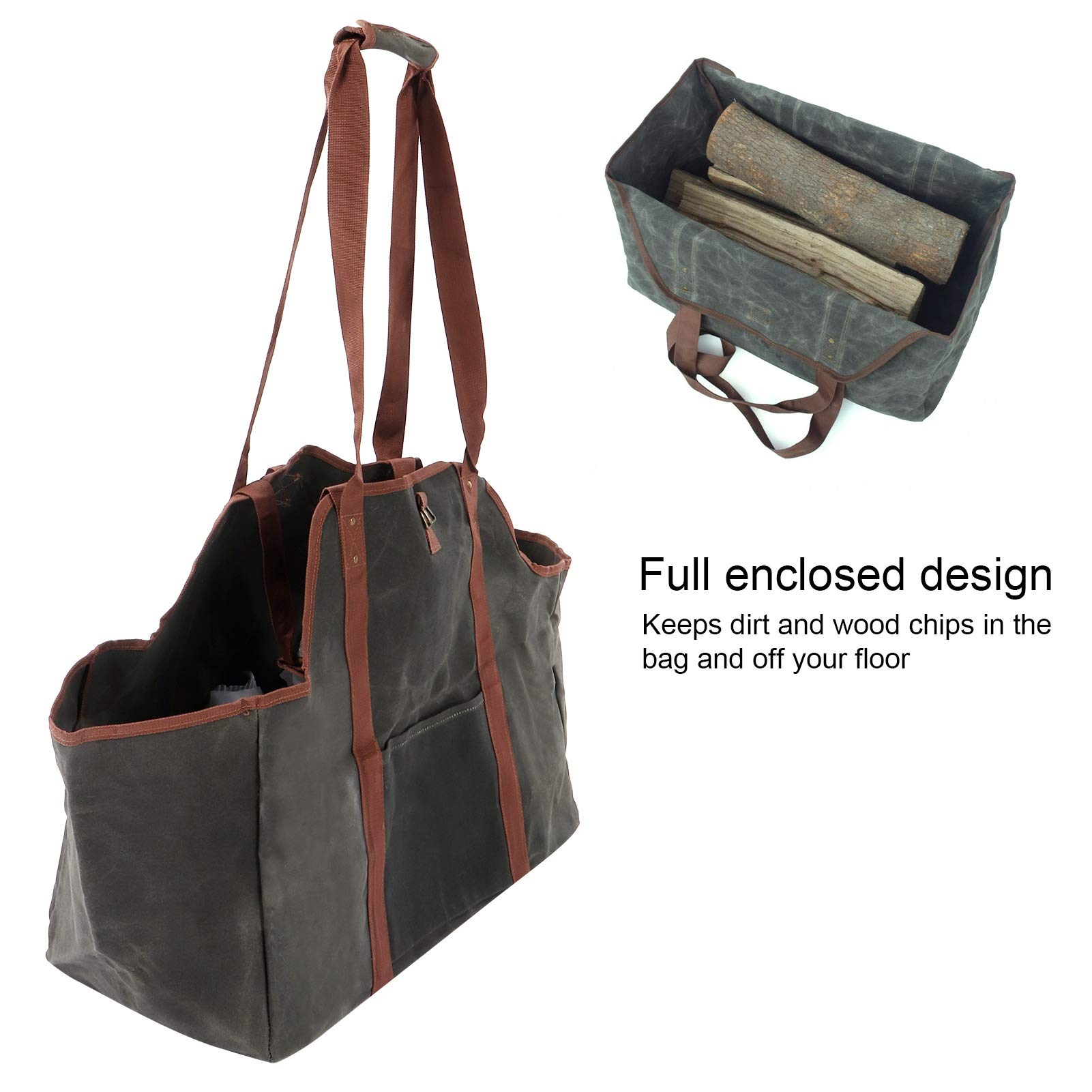 Waterproof Waxed Canvas Firewood Carrier Tote Bag - Heavy Duty Outdoor Log Holder for Camping, Fireplace & Backyard Use