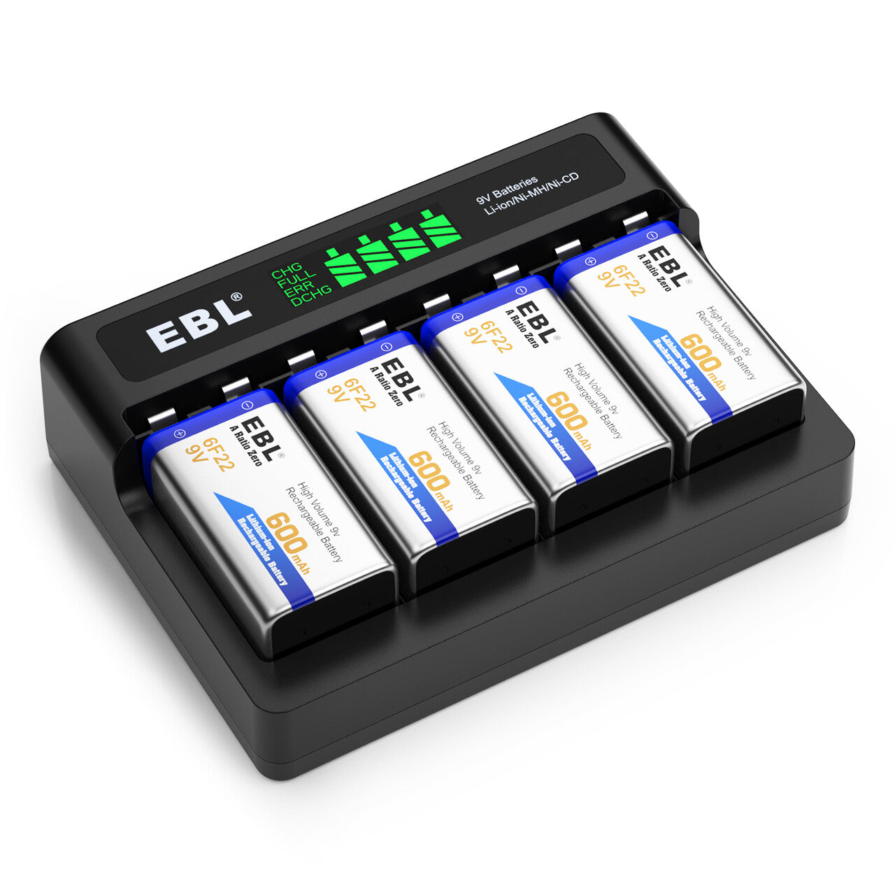 EBL Rechargeable 9V Lithium Ion Batteries with M7014LW Charger - Long Lasting Power for Smoke Detectors, Guitar Pedals & Electronic Devices