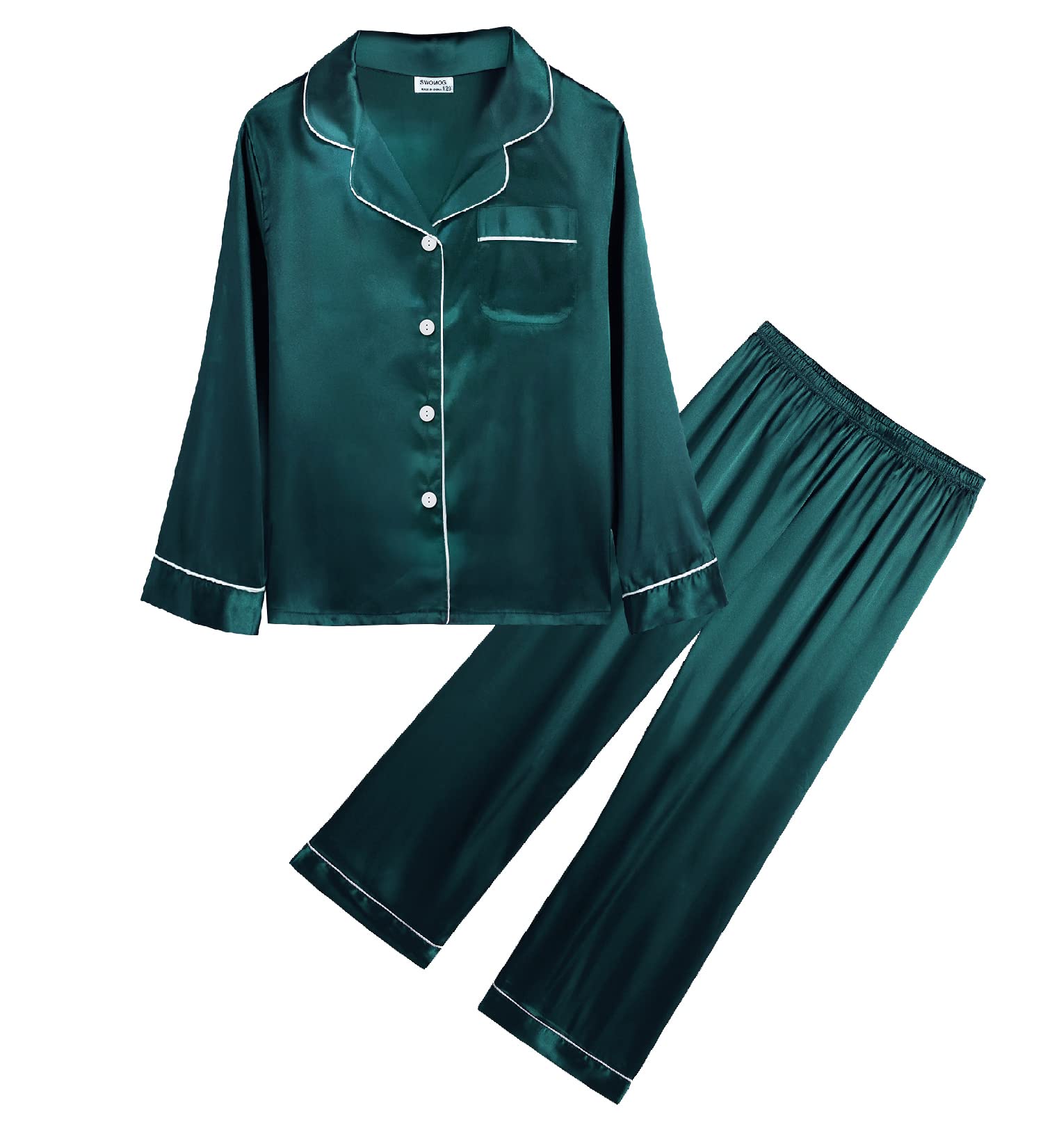 SWOMOG Kids Silk Satin Pajama Set - Button Down Long Sleeve Sleepwear for Girls & Boys - Soft 2-Piece Lounge Pajamas in White | Perfect for Bedtime, Sleepovers & Family Movie Nights