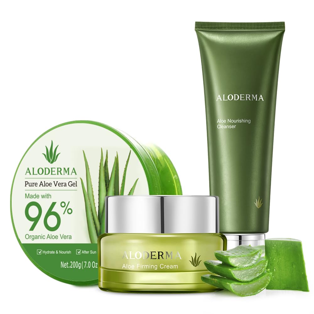 Aloderma Basic Aloe Firming & Nourishing 3-Piece Skincare Set - Firming Cleanser, Firming Cream & 200g Aloe Vera Gel for Hydration & Anti-Aging | Perfect for Dry, Sensitive Skin & Daily Skincare Routine