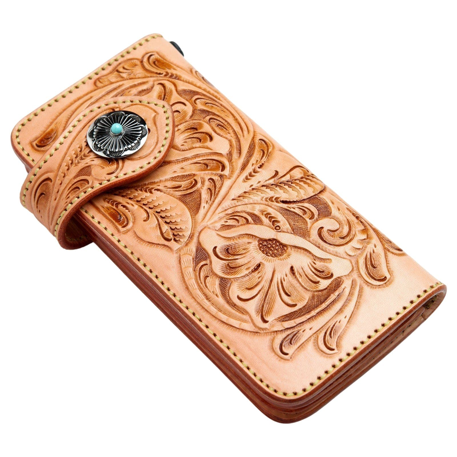 Japanese Floral Light Brown Genuine Leather Turquoise Concho Biker Wallet for Men - Western Style Money Clip Billfold with Conchos - Perfect for Motorcycle Riders, Cowboy Fashion & Gift Giving