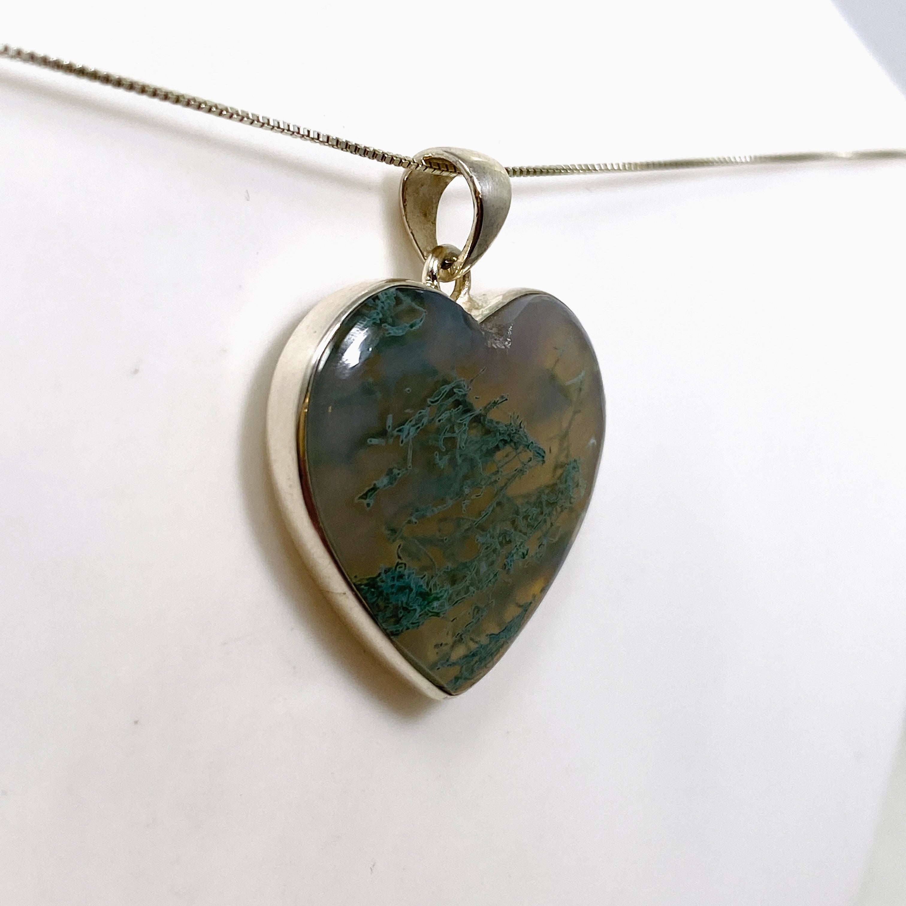 Natural Moss Agate Heart Cabochon Pendant Necklace - 925 Sterling Silver Jewelry for Women - Perfect for Valentine's Day, Anniversary & Spiritual Healing Gifts