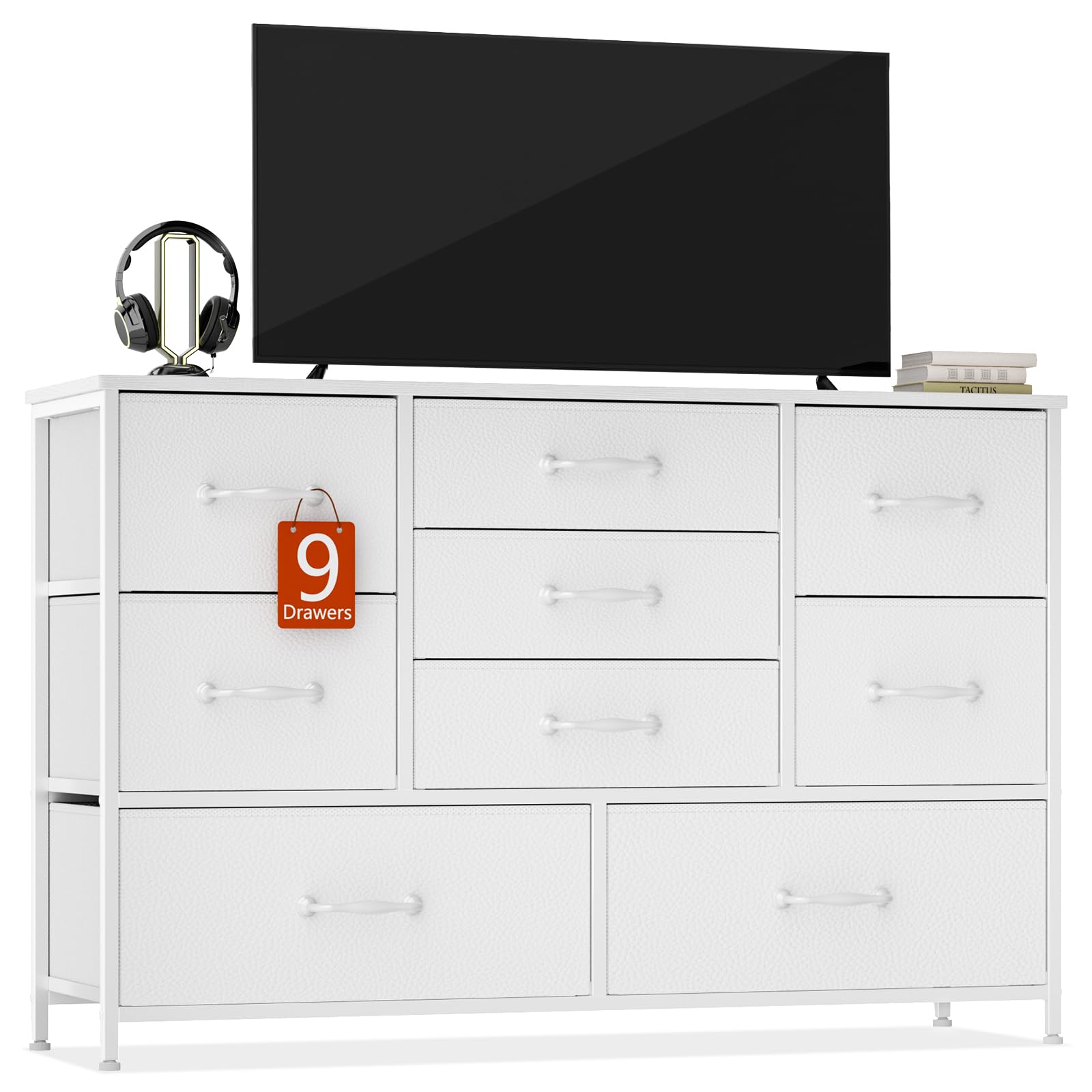 Furnulem White Dresser with 9 Large Drawers - 55 Inch TV Stand Entertainment Center, Wide Wood Shelf Storage Organizer for Bedroom, Living Room, Closet & Entryway - Sturdy Metal Frame - Perfect for Home Organization & Entertainment Setup