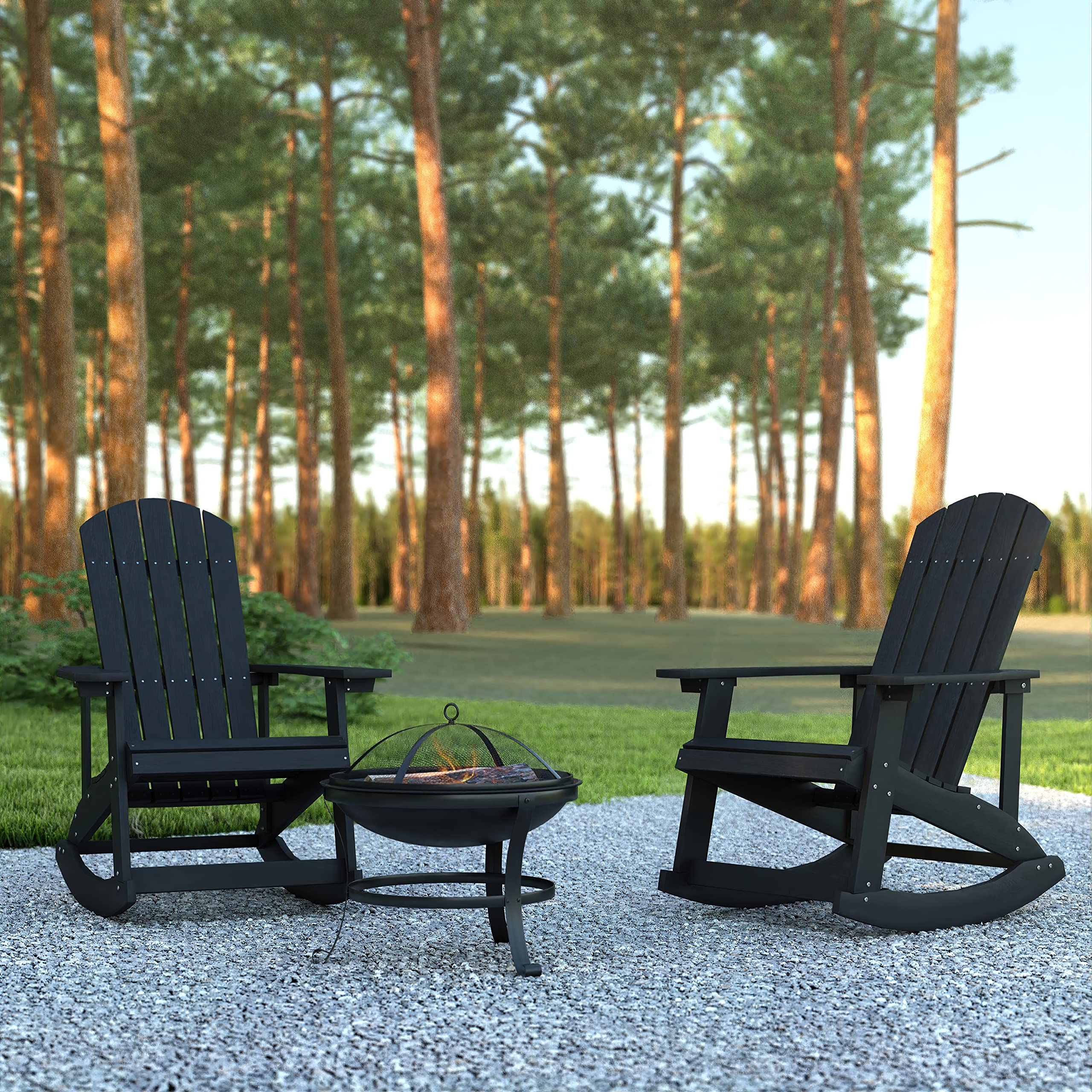 EMMA + OLIVER 2-Piece Marcy Adirondack Rocking Chairs with Fire Pit Set - Durable Black Polyresin Construction & Metal Wood Burning Fire Pit - Includes Spark Screen & Poker Tool - Perfect for Patio, Garden, Backyard, and Outdoor Relaxation