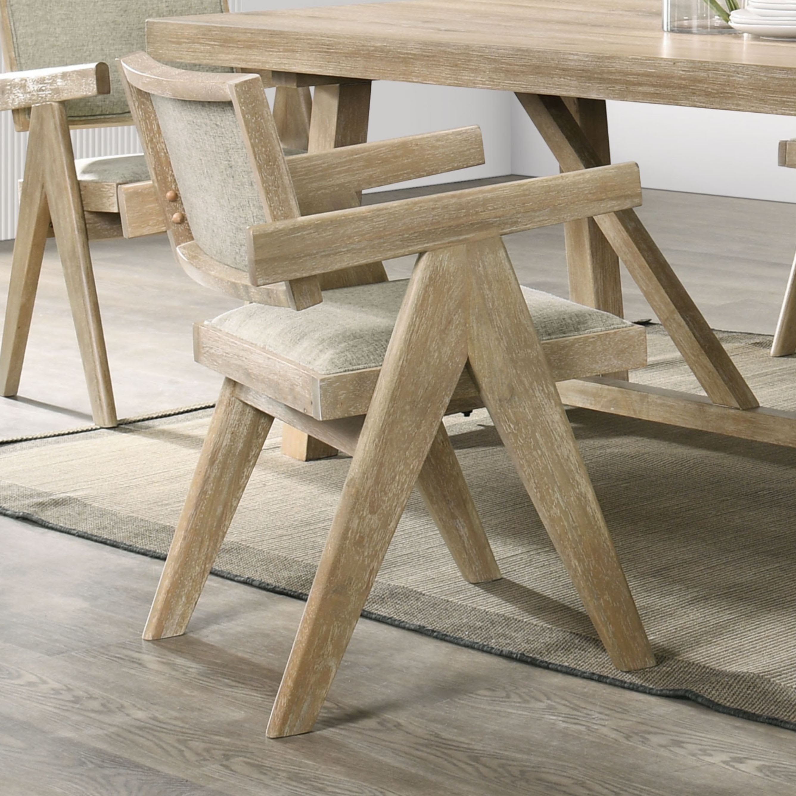 Modern 2-Piece Dining Arm Chairs Set - Oak Veneer & Fabric Upholstered Chairs with Plank Arms - Perfect for Dining Room, Kitchen, Breakfast Nook & Small Space Decor