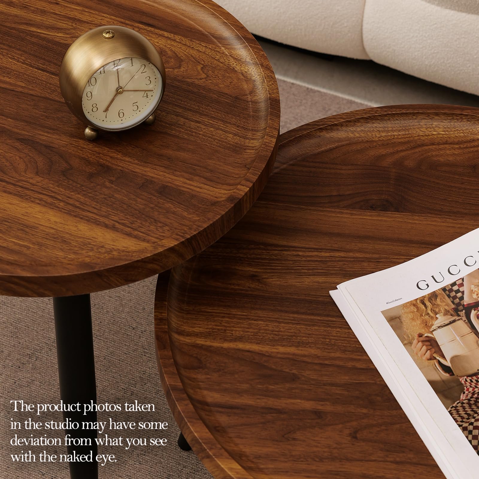 2 Pcs Mid Century Modern Round Coffee Tables - Easy Assembly Nesting Tables for Living Room, Bedroom, Office, Balcony & Yard - Minimalist Walnut Circle Coffee Tables for Home Decor & Small Spaces