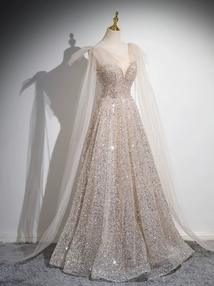 Elegant A-Line Scoop Neckline Champagne Sequin Tulle Long Prom Dress for Homecoming, Formal Dances & Special Occasions