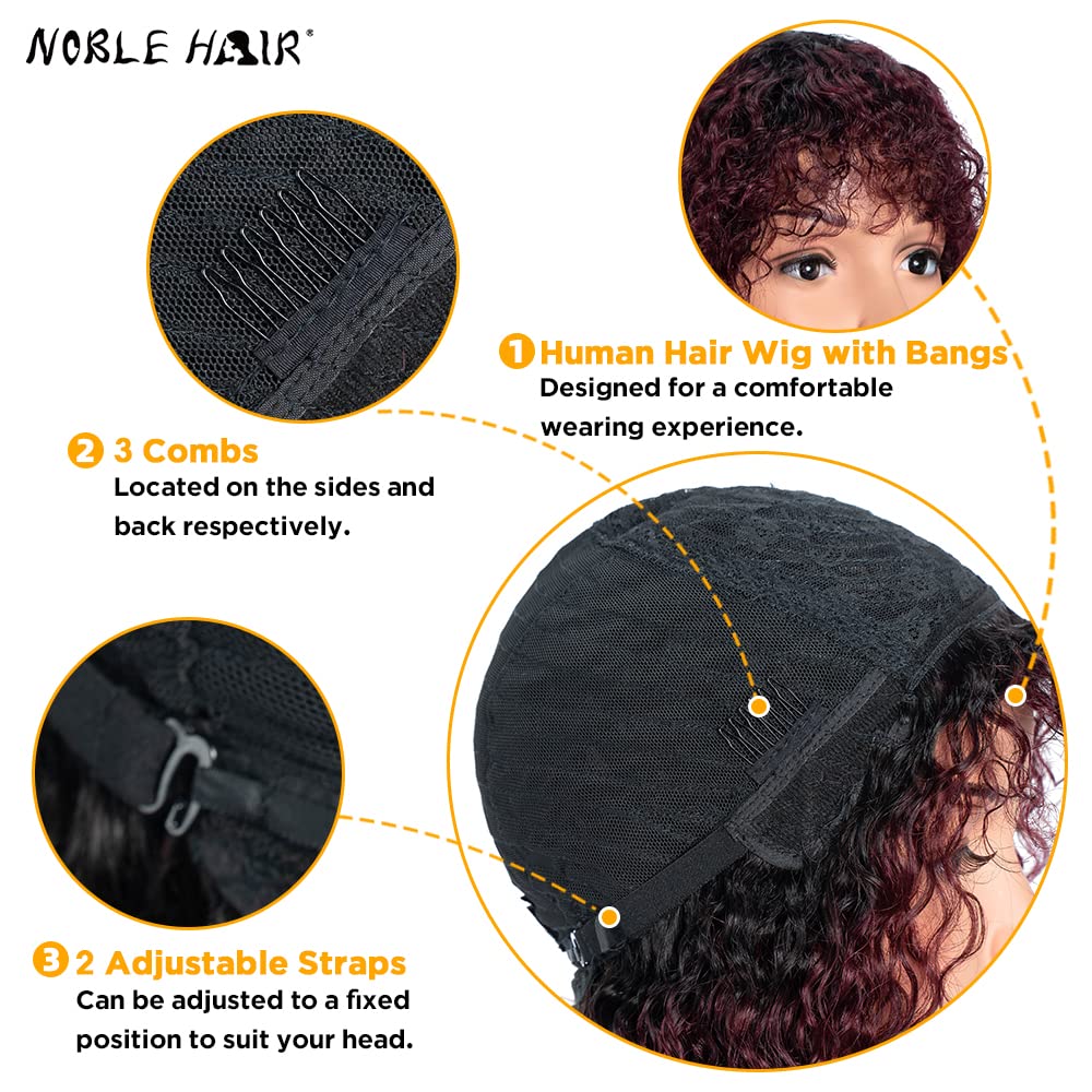 NOBLE HAIR Short Curly Human Hair Wigs with Bangs - Jerry Curl Bob Wigs Brazilian Virgin Human Hair for Black Women | Machine Made Ombre Burgundy Wig (12 inch) - Perfect for Daily Wear, Cosplay & Special Occasions