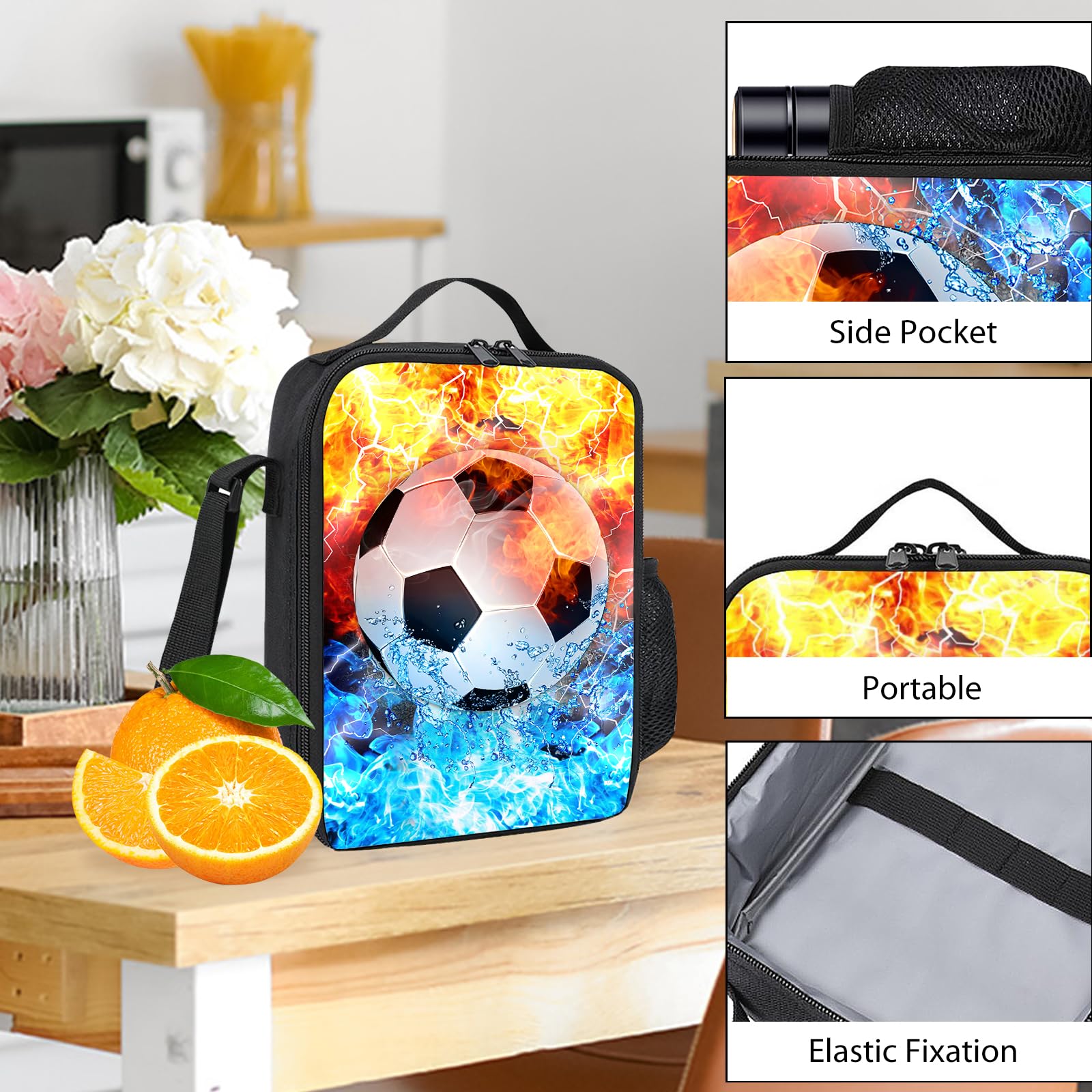 Kids Backpack Set with Lunch Box & Pencil Case - 3PCS School Backpack for Boys & Girls, Teen Bookbag for Middle & High School Students | Perfect for School, Travel & Sports (Soccer Fire Design)