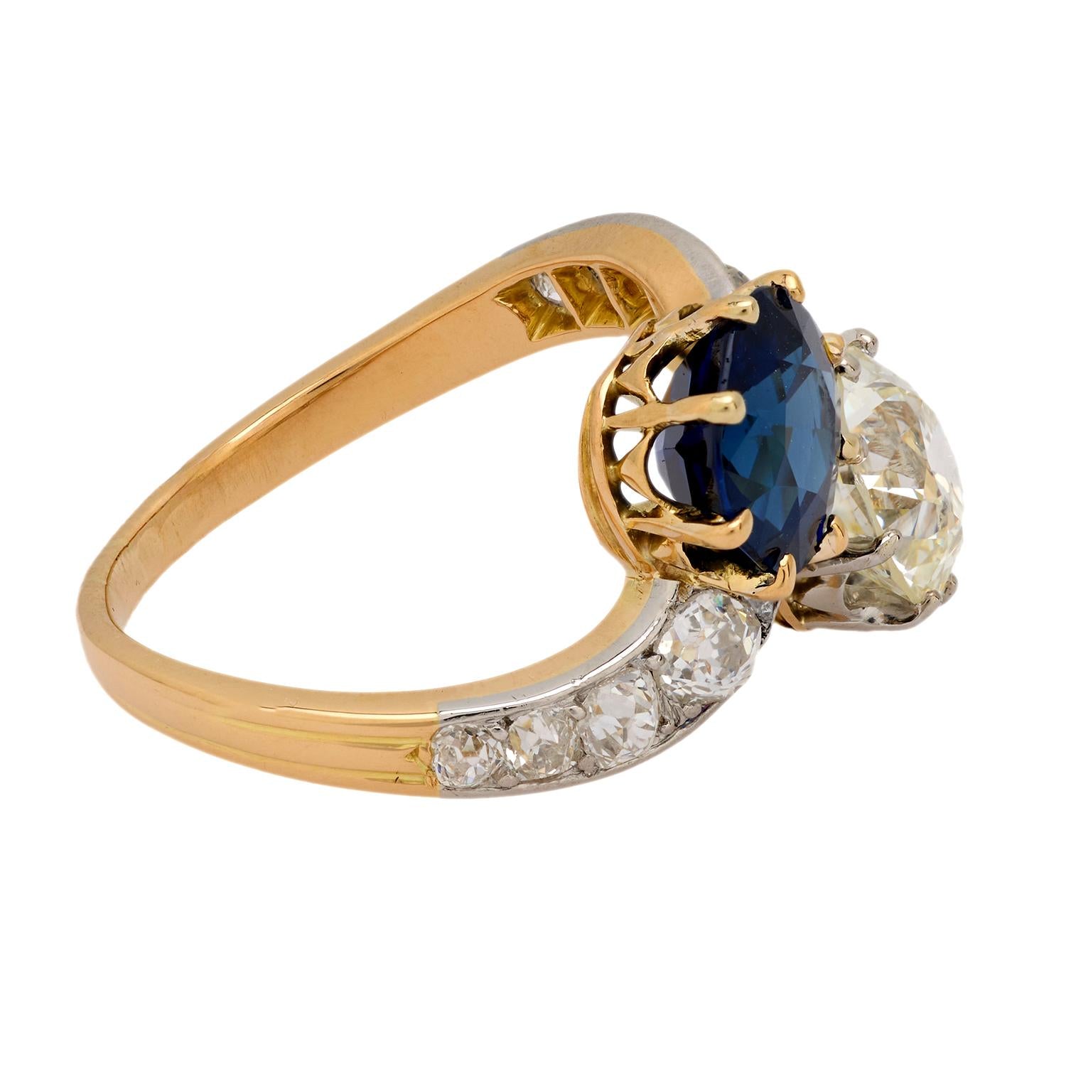 Victorian French GIA Certified Diamond & Natural No Heat Sapphire 18K Yellow Gold Toi et Moi Ring for Engagement, Anniversary & Special Occasions