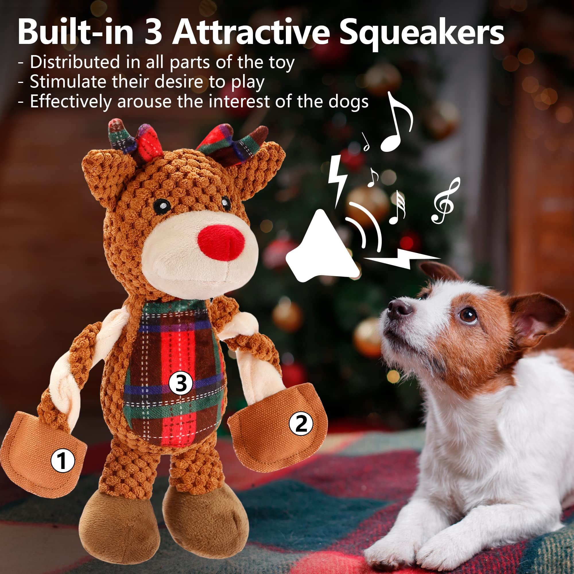 Senneny Christmas Dog Toys - Reindeer Plush Squeaky Chew Toys for Small Medium Large Dogs | Durable Interactive Pet Toy with Classic Red Green Tartan Plaid | Perfect for Holiday Playtime, Training & Gifting