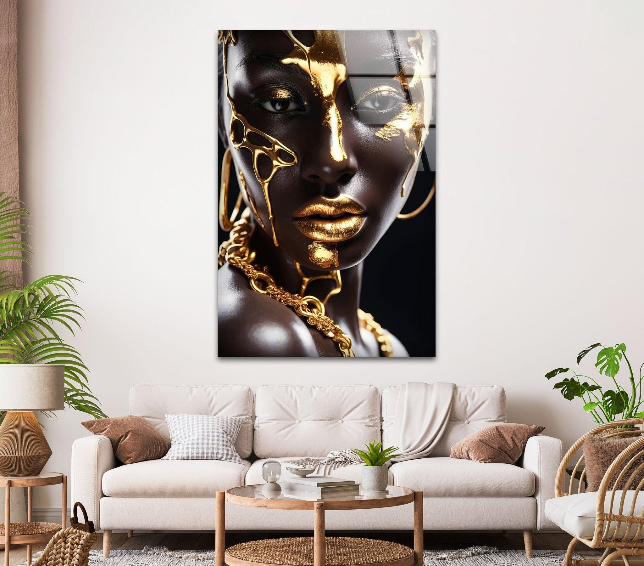 African Gold Woman Glass Wall Art - Handmade African Decor for Living Room, Bedroom & Office - Elegant Home Decor Gift for Women