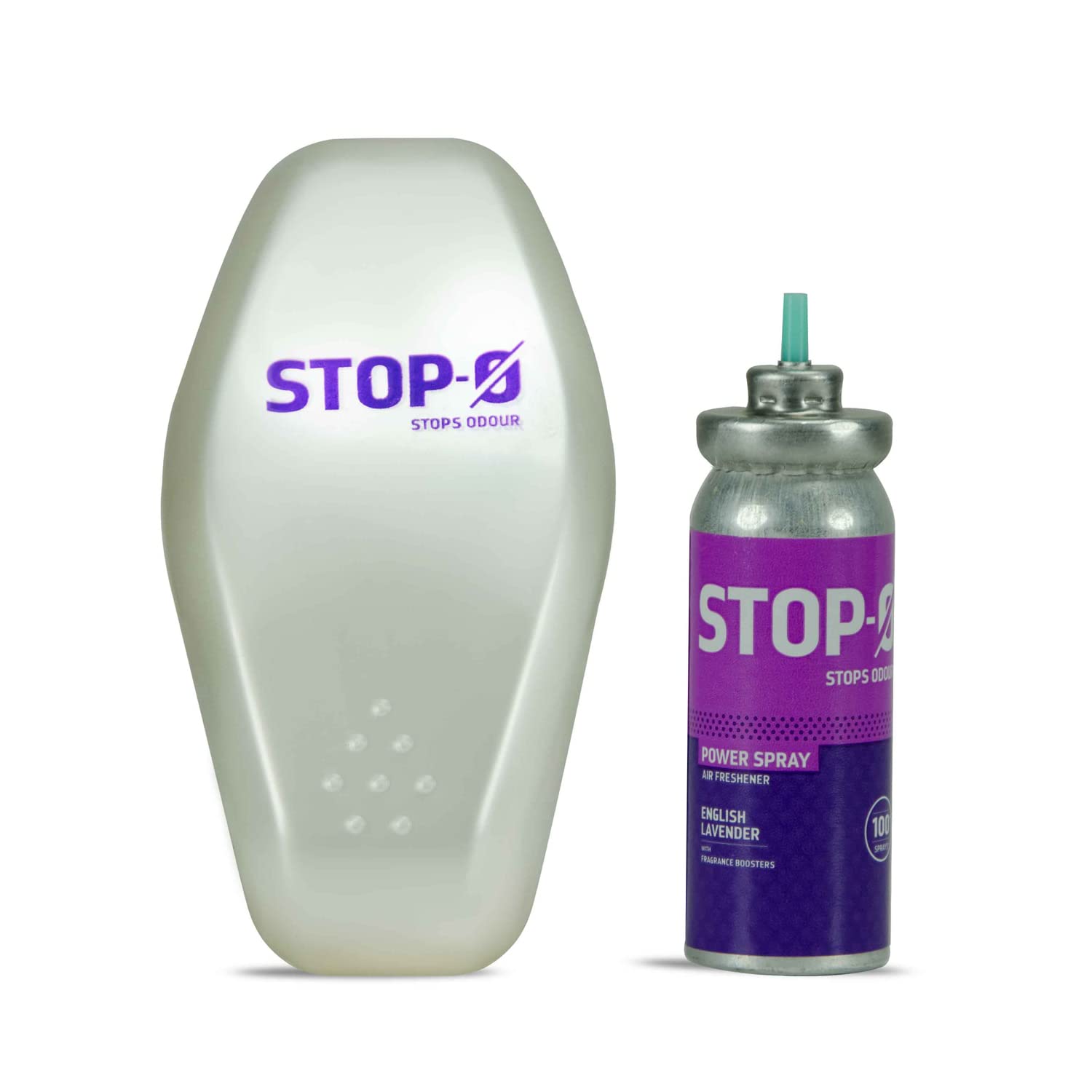 Stop-O One Touch Power Spray - Instant Bathroom & Toilet Freshener with English Lavender Scent (3-Pack: 1 Dispenser + 1 Refill Each) | Quick Odor Eliminator for Home, Office & Travel Use
