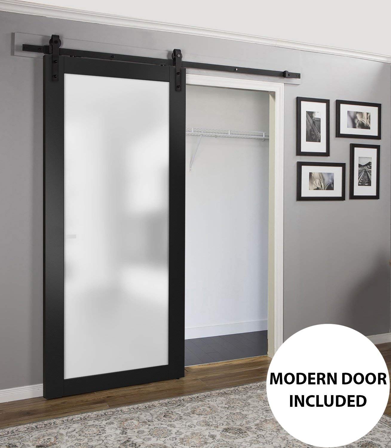SARTODOORS 24x96 Inch Frosted Tempered Glass Barn Door - Black Matte Planum 2102 Design with 6.6FT Top Mount Rail & Heavy Duty Hangers | Modern Solid Panel Interior Sliding Door for Bedroom, Closet, or Living Room Partition