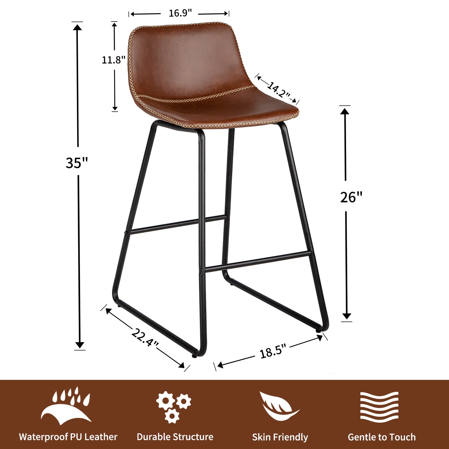 HeuGah Set of 4 Modern Faux Leather Counter Height Bar Stools 26