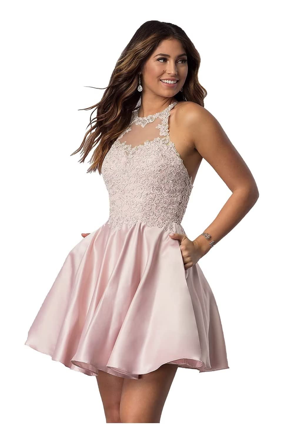 Elegant Lace Applique Short Homecoming Dresses with Pockets | Halter Prom Dresses for Teens 2022 | Satin Cocktail Party Dresses for Formal Events & Special Occasions