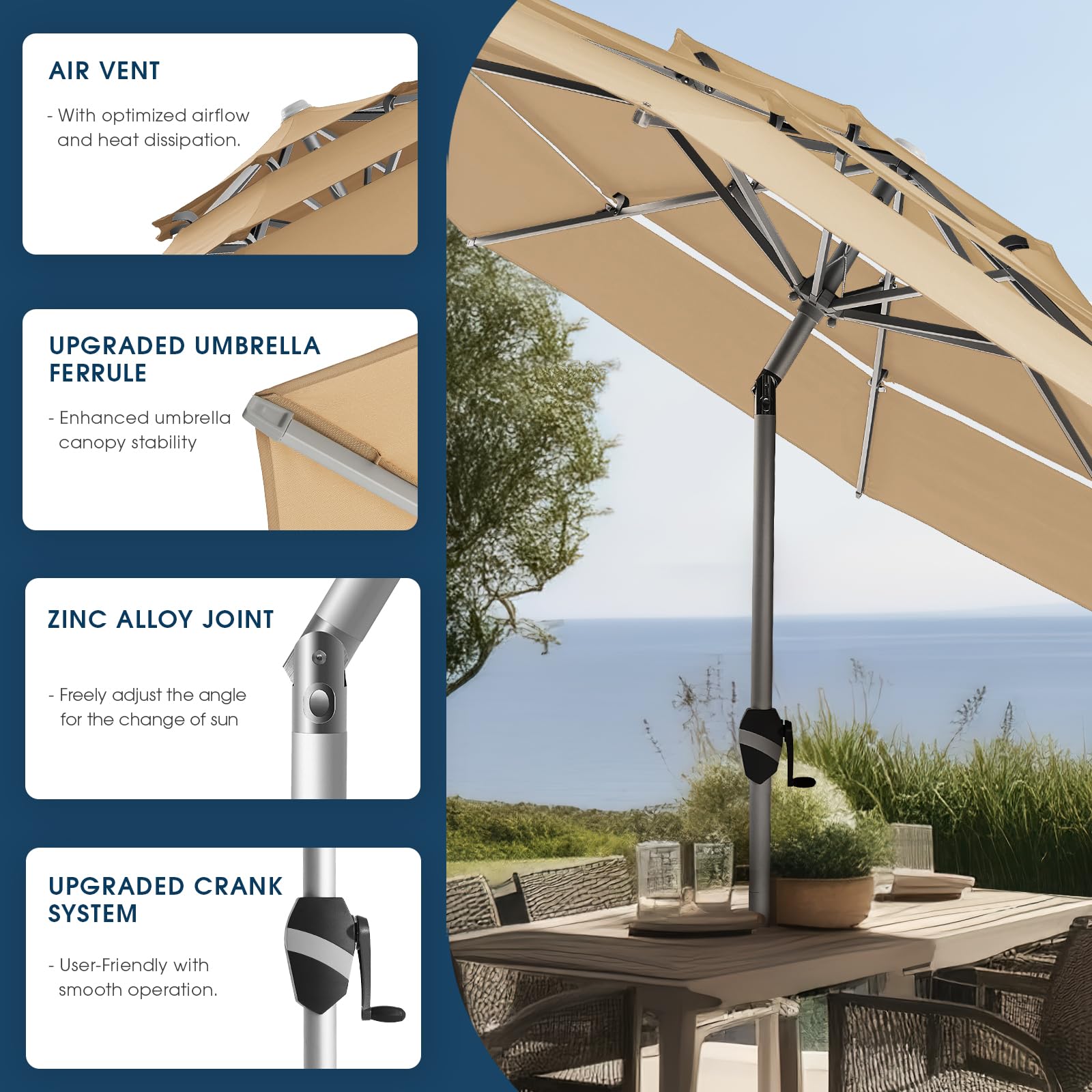 BLUU 9 Ft 3-Tier Aluminum Outdoor Patio Umbrella with Push Button Tilt - Fade-Resistant 5-Year Warranty - Perfect for Poolside, Deck, Garden, Lawn & Outdoor Dining (Beige)