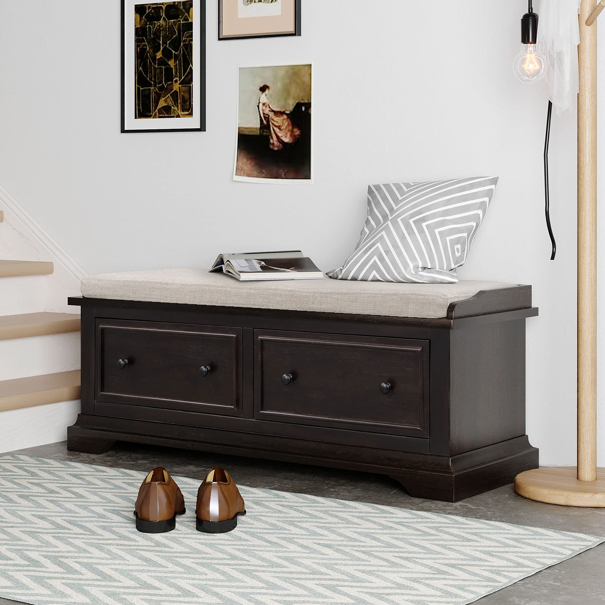 Rustic Style Wooden Storage Bench with Drawers - 43