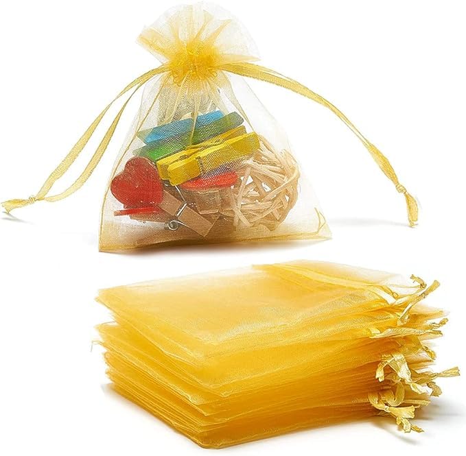 20 Pack Golden Organza Drawstring Potli Bags - 10x14cm Wedding Favor Gift Pouches, Jewelry Bags, Party Return Gifts | Perfect for Bridal Showers, Birthday Favors & Jewelry Storage
