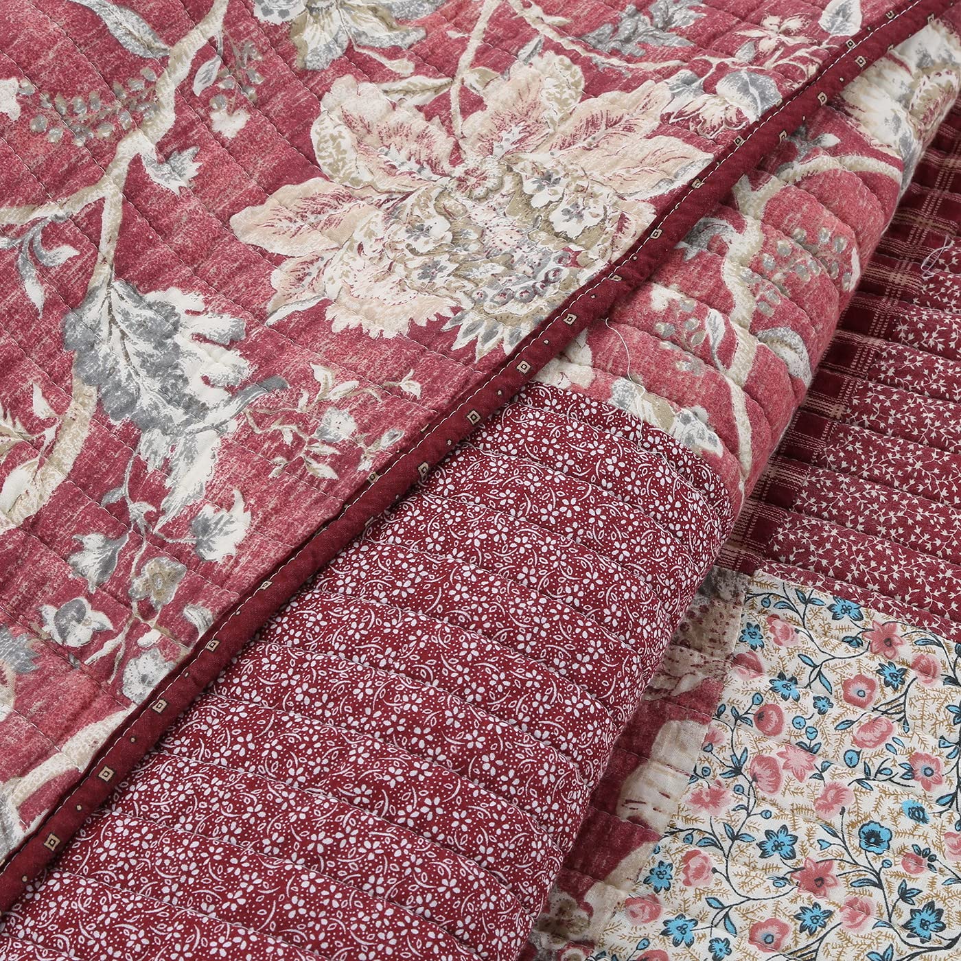 Red Tones Patchwork Quilt Set 3Pieces - 100% Cotton Bedding Set for Full/Queen Size Bed - Cozy Bedroom Decor for Winter Warmth & Farmhouse Style