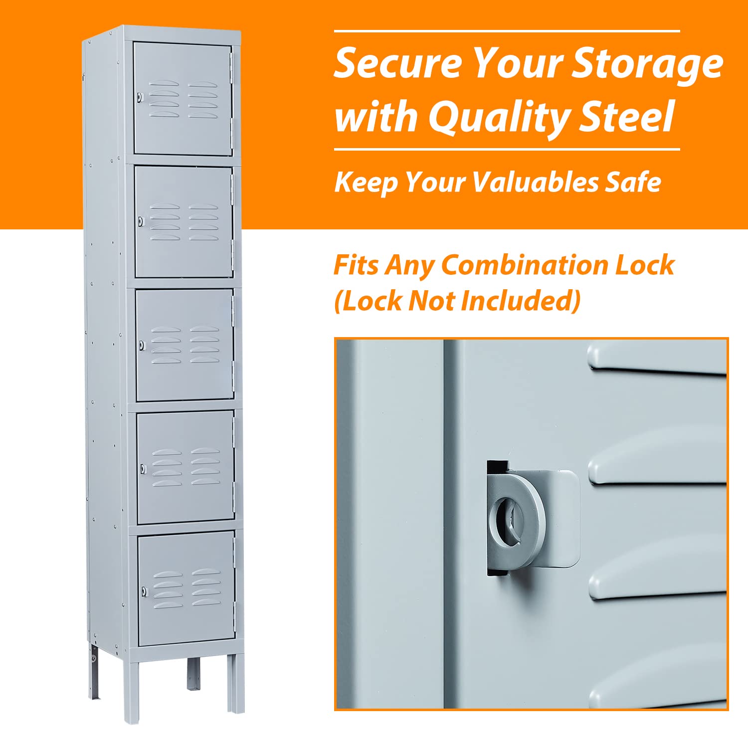 5-Tier Steel Storage Locker with 5 Doors - Heavy Duty Metal Locker for School, Home, Office & Gym - Secure Grey Organizer for Sports Equipment, Books & Office Supplies