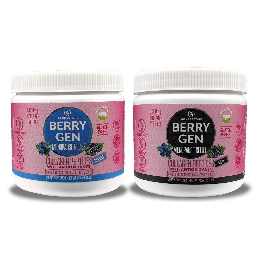 Berry Gen Menopause Morning & Night Supplement - Natural Sleep Aid with Grass-Fed Collagen Peptides Type 1 & 3 - Non-GMO, Gluten Free, 14.5oz (411g) - Supports Hormonal Balance & Better Sleep for Women During Menopause