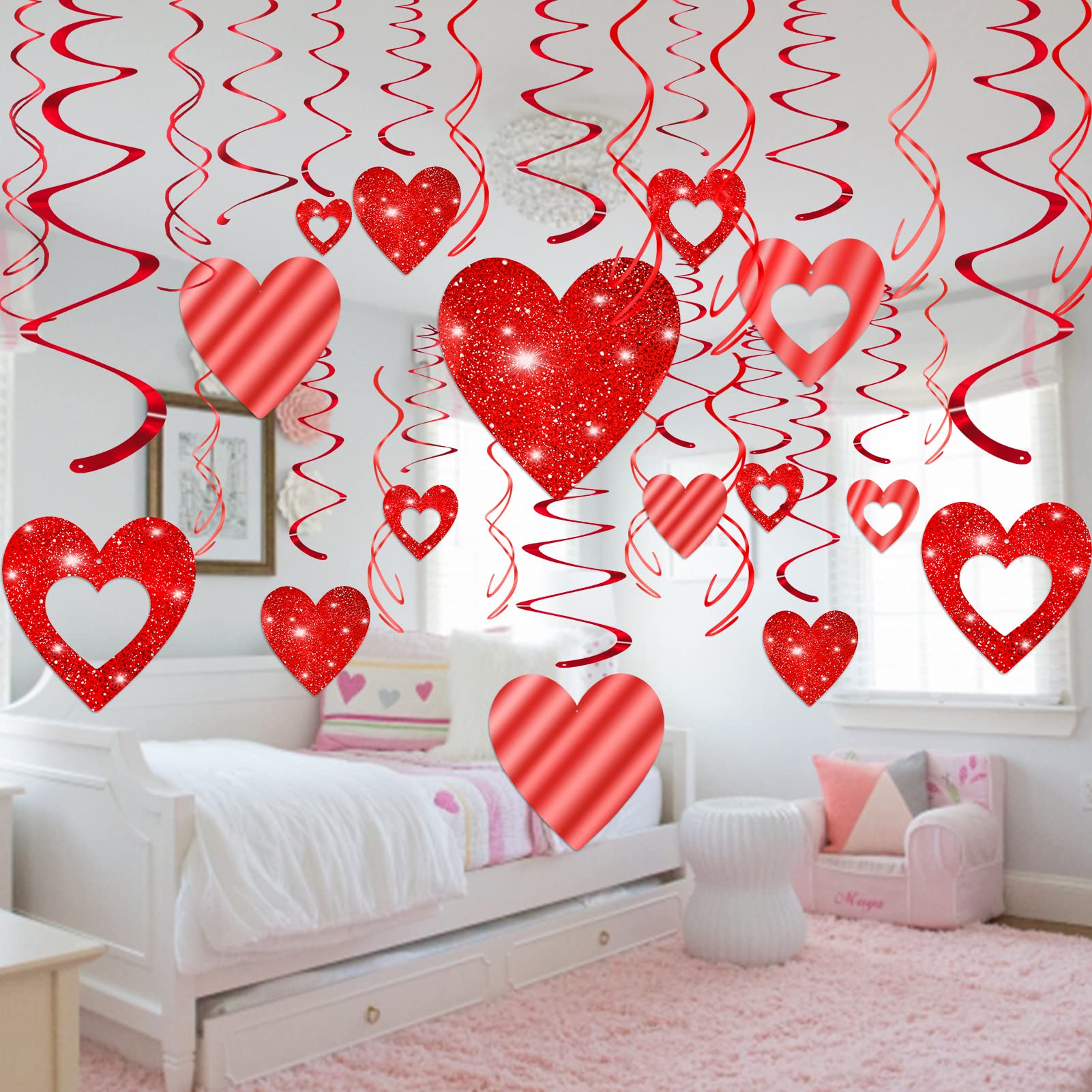 40-Pack Valentine's Day Glitter Heart Swirl Decorations - Hanging Ceiling Streamers for Wedding, Anniversary, Birthday & Bridal Shower Party Supplies - Romantic Home & Event Decor