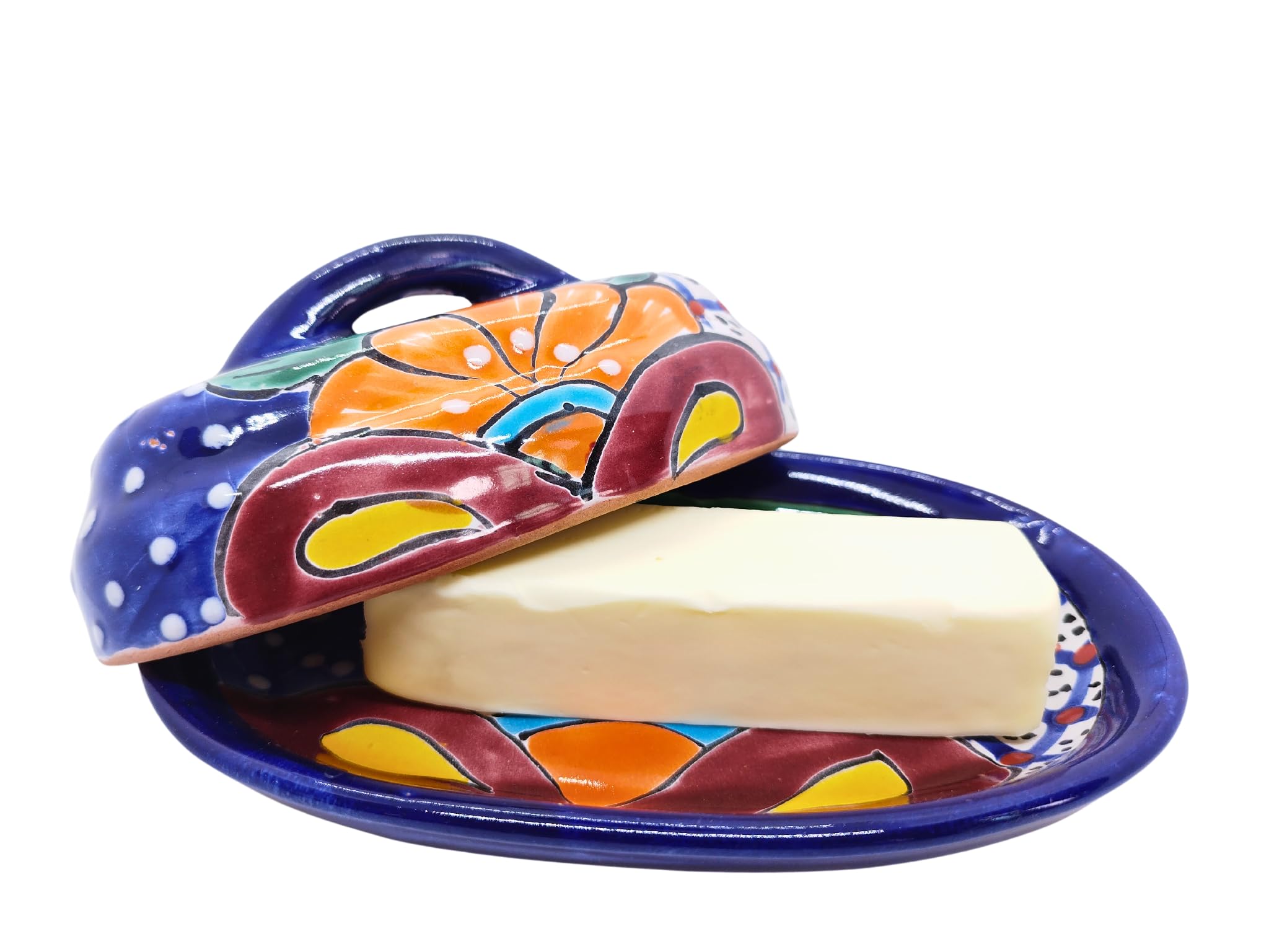 Hand-Painted Authentic Mexican Talavera Ceramic Butter Dish with Lid - Floral Design Kitchen Decor for Dining Table & Breakfast Buffet (Blue)