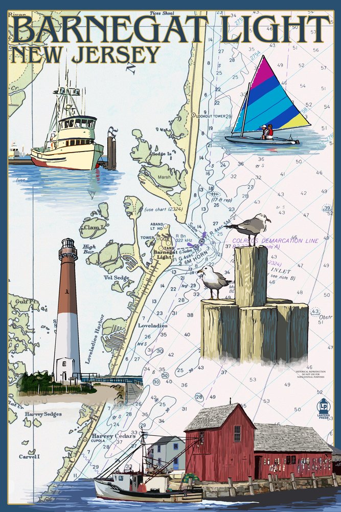 Barnegat Light New Jersey Nautical Chart 34005 - 24x36 Signed Art Print | Coastal Wall Decor | Perfect for Beach Houses, Nautical Themed Rooms & Office Decor