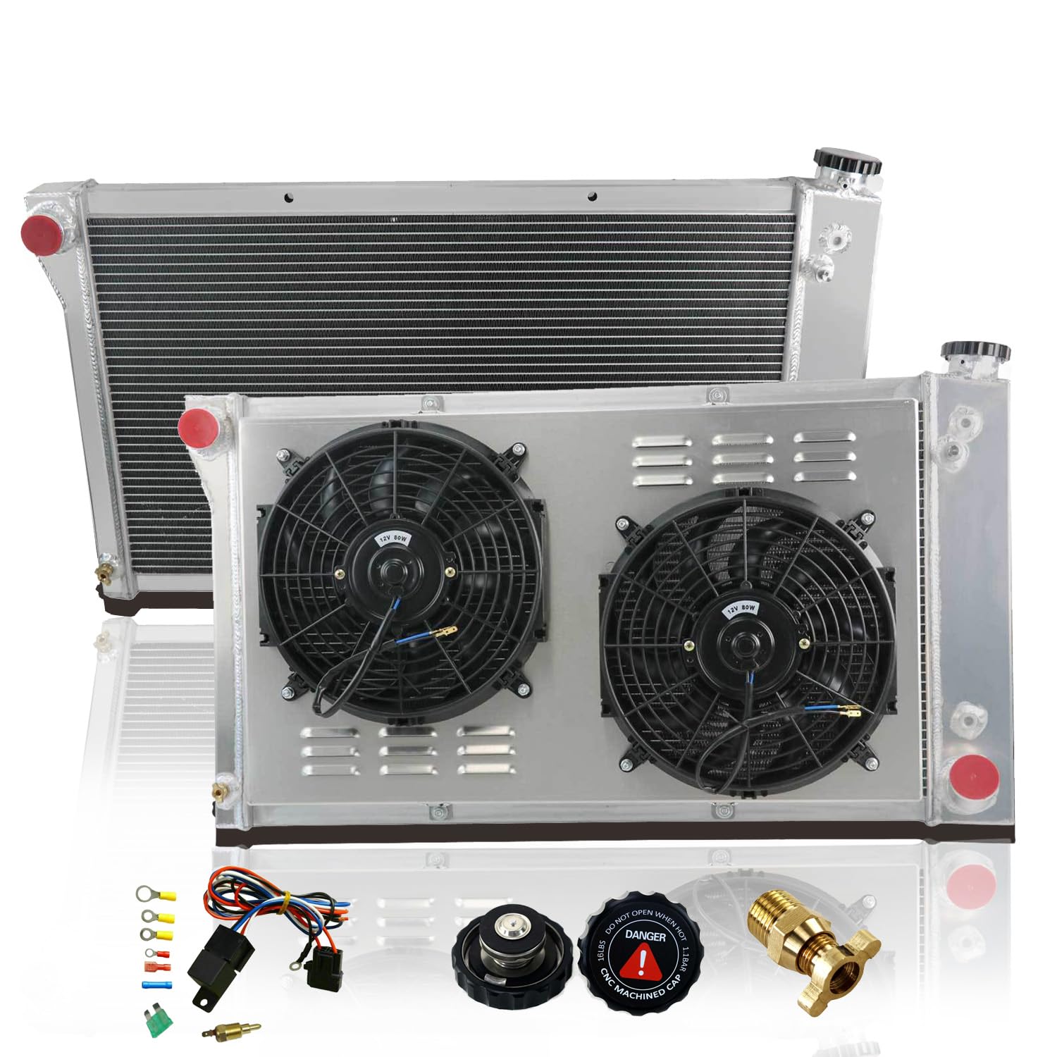 3 Row Aluminum Radiator Shroud Fan with Thermostat - Compatible with Chevy C/K/G/P 10 20 30 Pickup, Blazer, Suburban & GMC (1967-1972) - P15 P25 P35 G15 G25 G35 K25/K2500 K35/K3500 C15/C1500 - Heavy-Duty Cooling for Classic Trucks & Off-Road Adventures