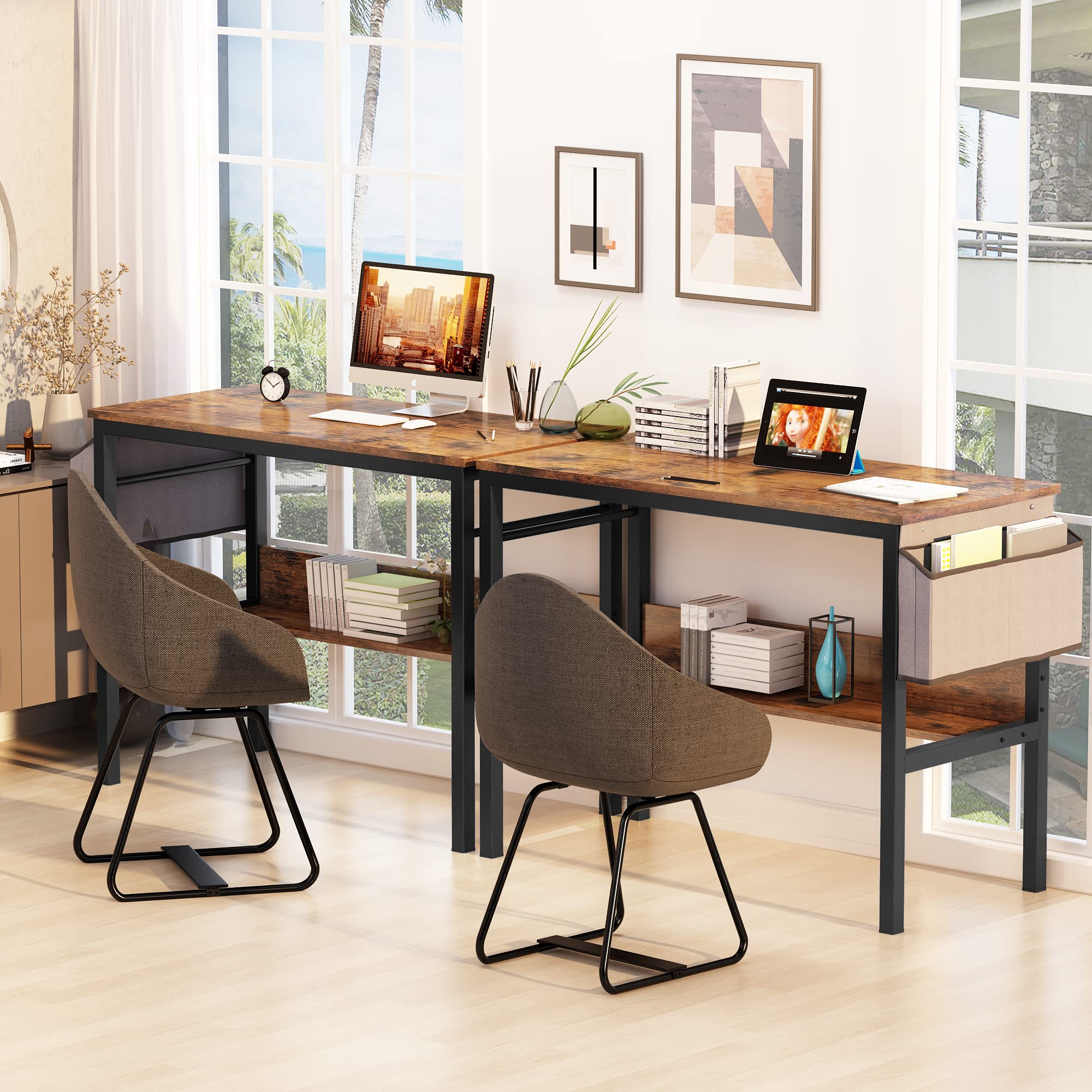 DKLGG 43 Inch Small Computer Desk - Modern Home Office Laptop Study Table for Small Spaces with Storage Bag & Headphone Hook, Rustic Brown - Perfect for Remote Work, Online Classes & Gaming Setup